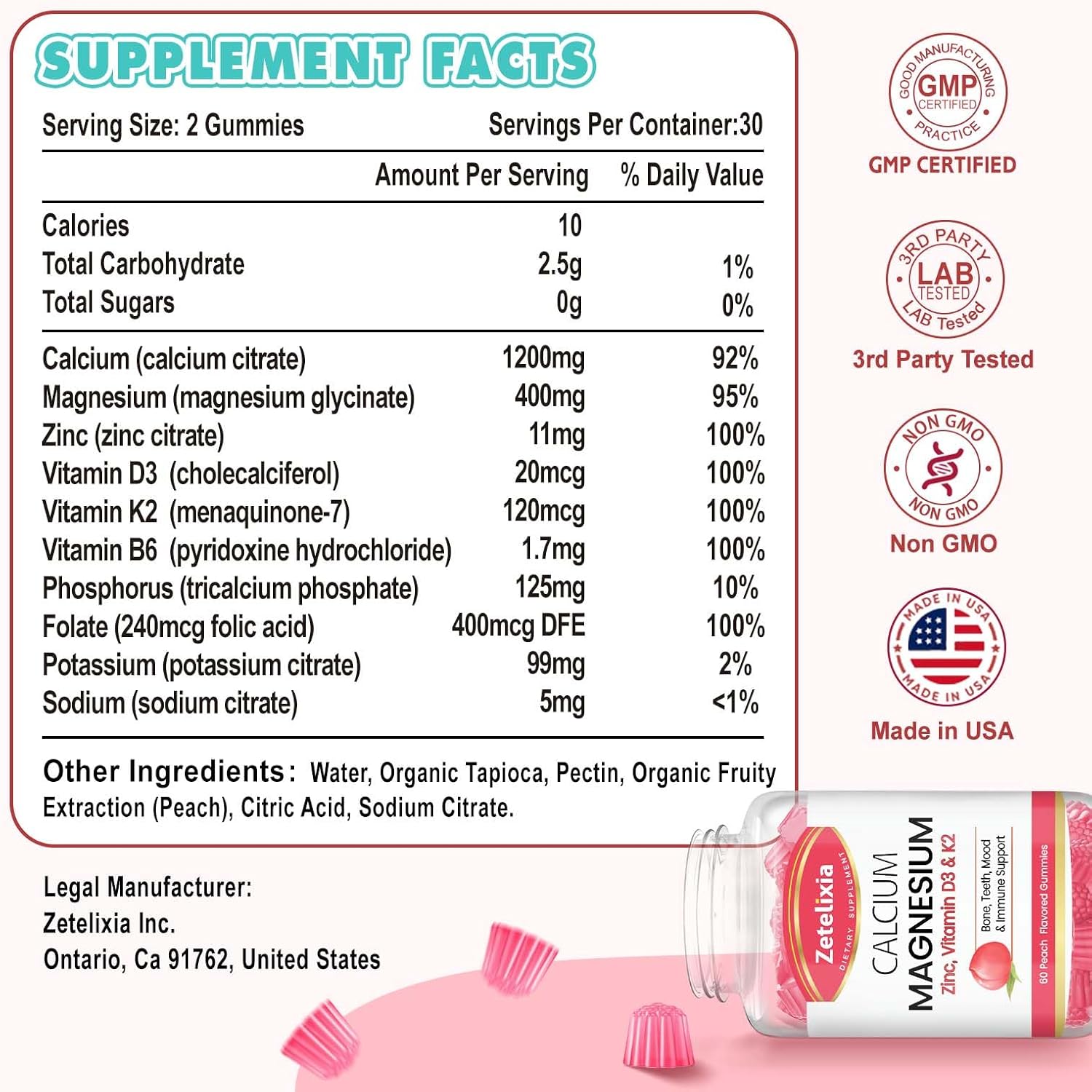 Sugar Free Calcium Citrate Gummies with Vitamin D3 & K2, Peach Flavor - 60 Ct for Bone, Muscle, and Joint Health