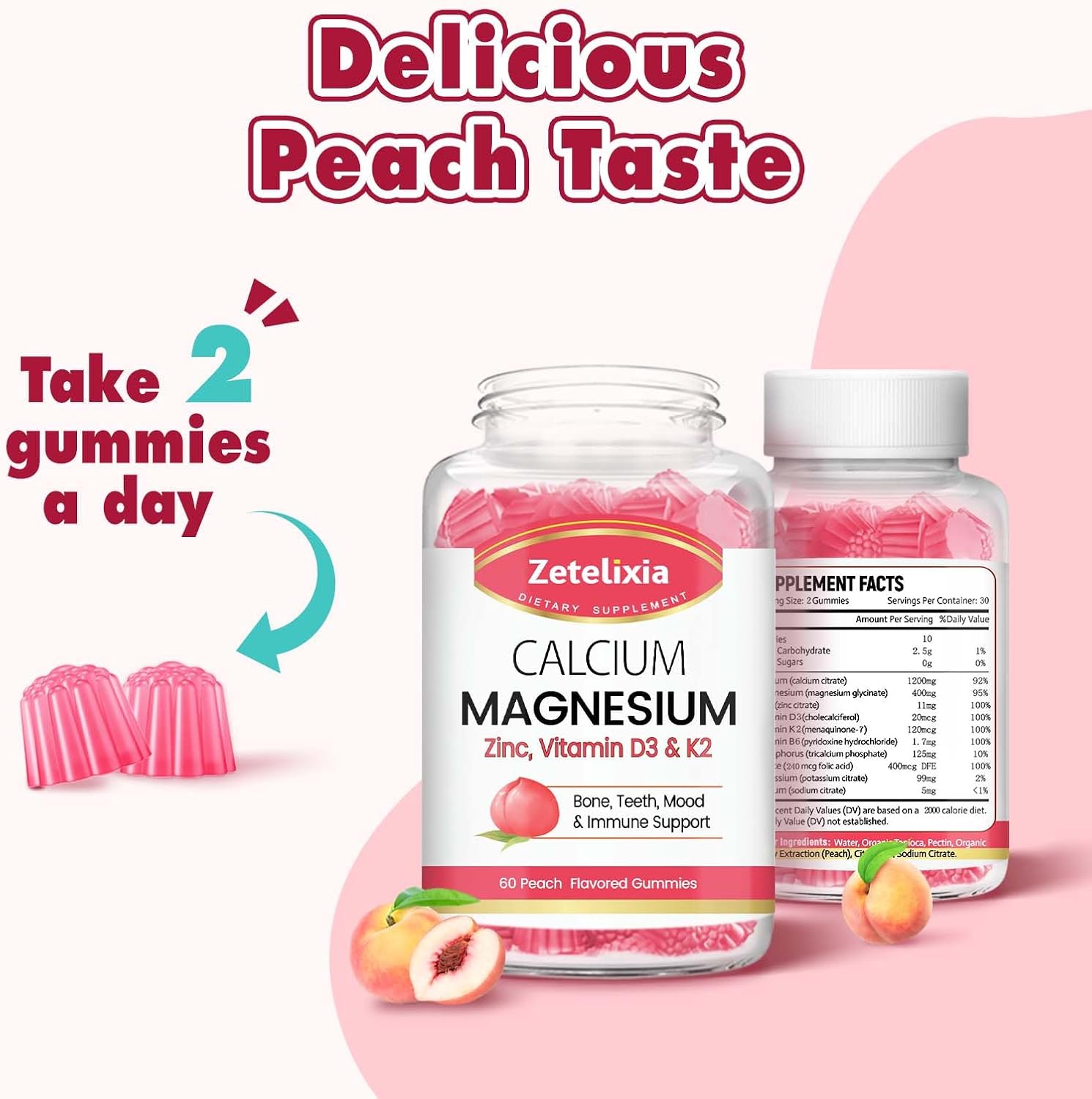 Sugar Free Calcium Citrate Gummies with Vitamin D3 & K2, Peach Flavor - 60 Ct for Bone, Muscle, and Joint Health
