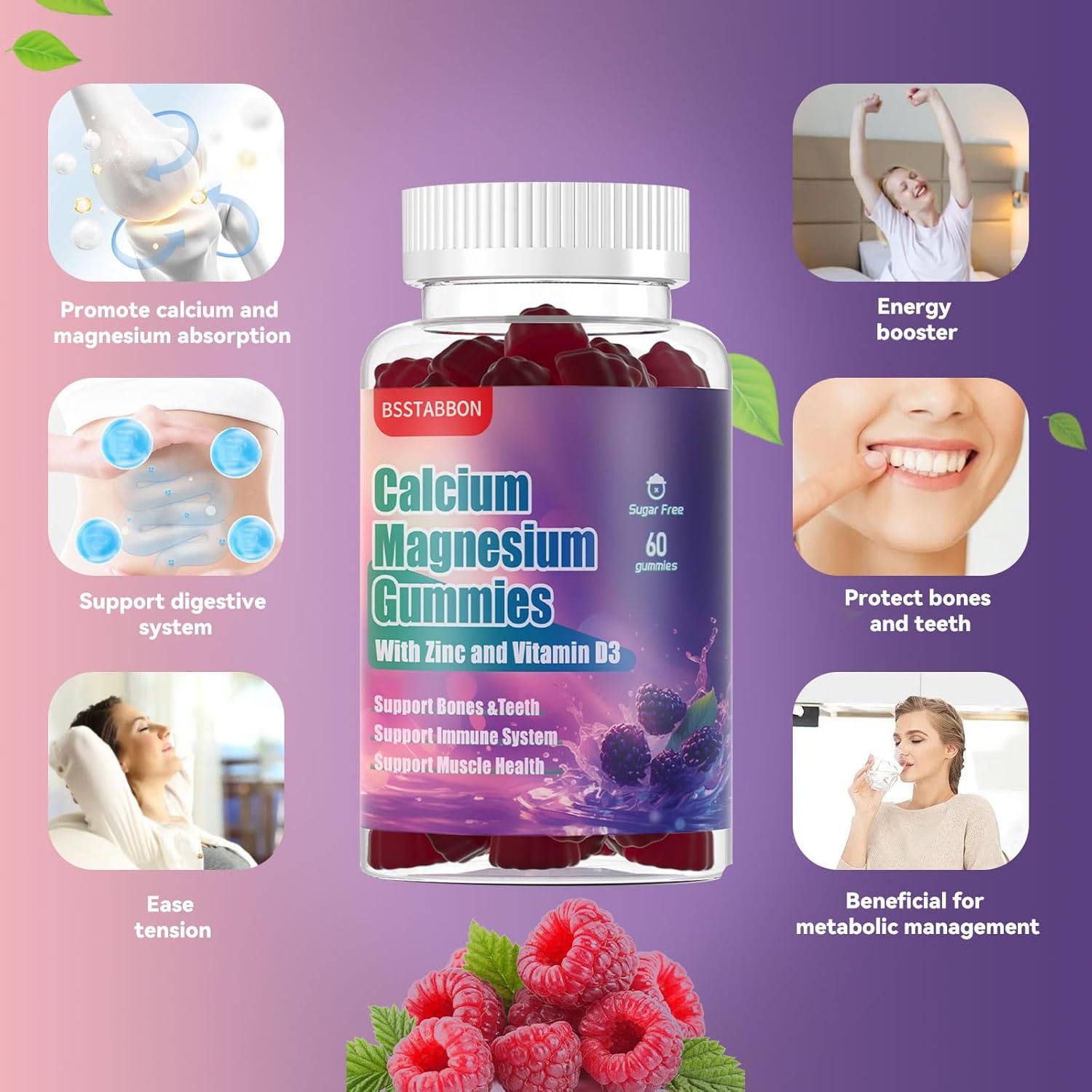 Sugar-Free Calcium Magnesium Gummies with Potassium and Zinc - Non-GMO 1000mg Calcium, 250mg Magnesium Complex - 60 Count