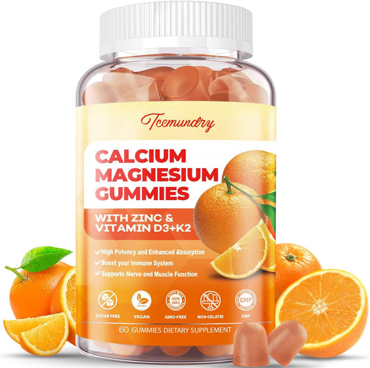 Sugar-Free Calcium Magnesium Zinc Gummies with Vitamin D3 & K2 for Adults Men Women Kids - High Absorption Magnesium Glycinate 400mg - Supports Nerve Muscle Mood & Immunity