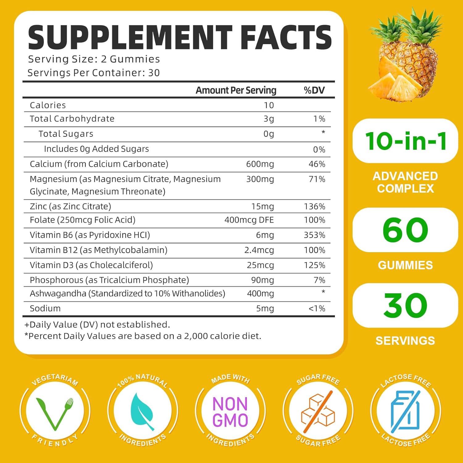 Sugar-Free Calcium Magnesium Zinc Gummies with Vitamin D3 for Bone and Muscle Health - 120 Pineapple Flavored Gummies