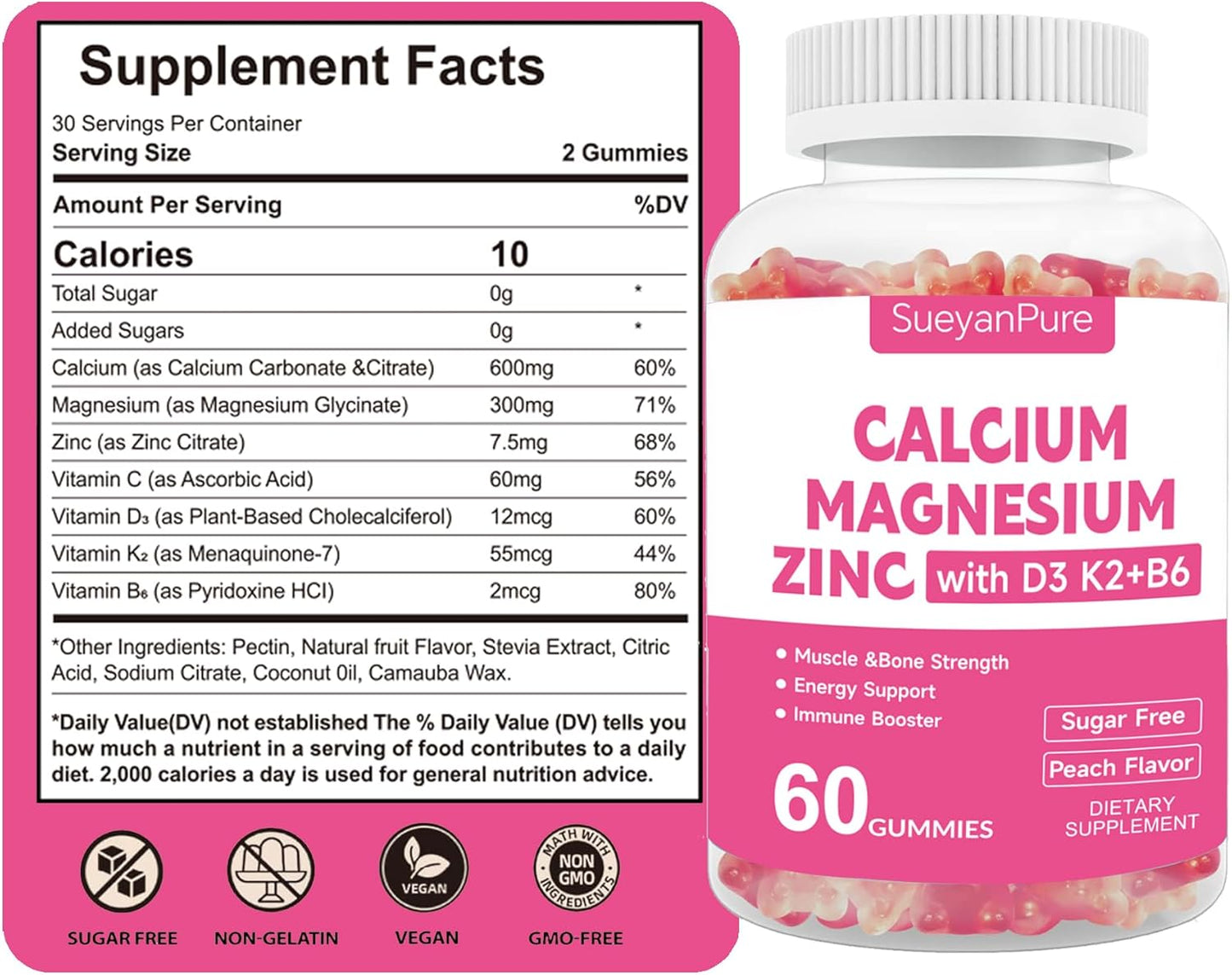 Sugar Free Calcium Magnesium Zinc Gummies with Vitamins for Bone & Muscle Support - 120 Gummies for Adults and Teens