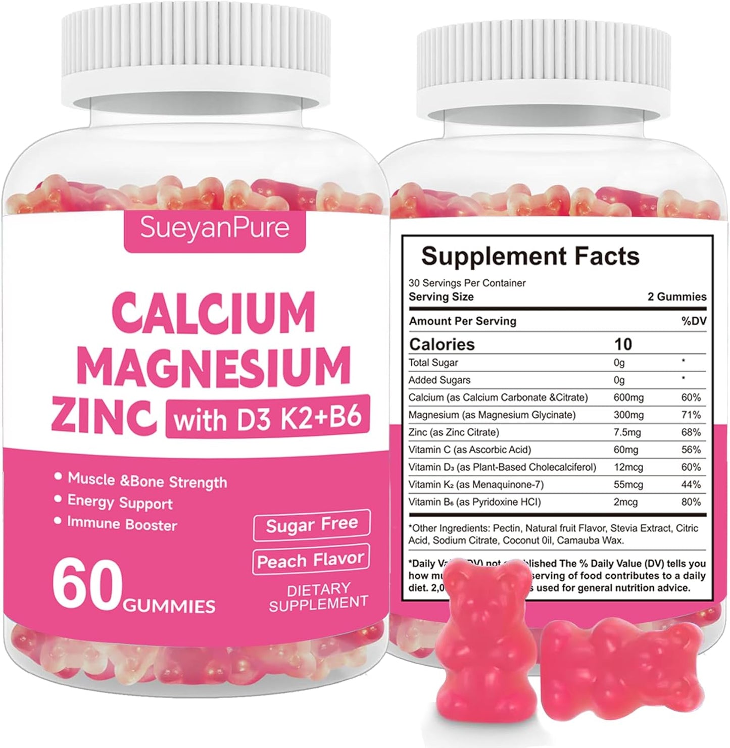 Sugar Free Calcium Magnesium Zinc Gummies with Vitamins for Bone & Muscle Support - 120 Gummies for Adults and Teens