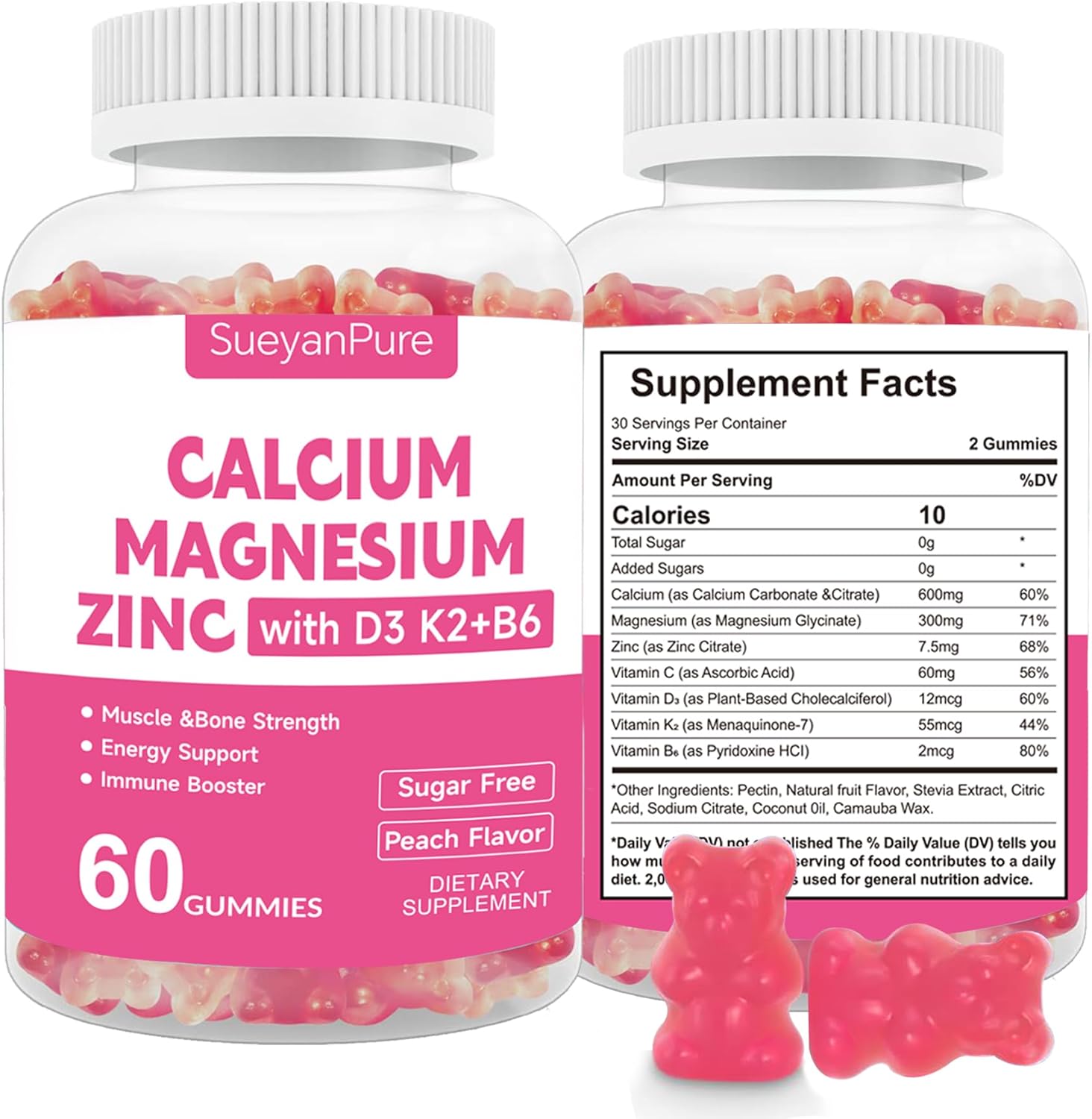 Sugar Free Calcium Magnesium Zinc Gummies with Vitamins for Bone & Muscle Support - 120 Gummies for Adults and Teens