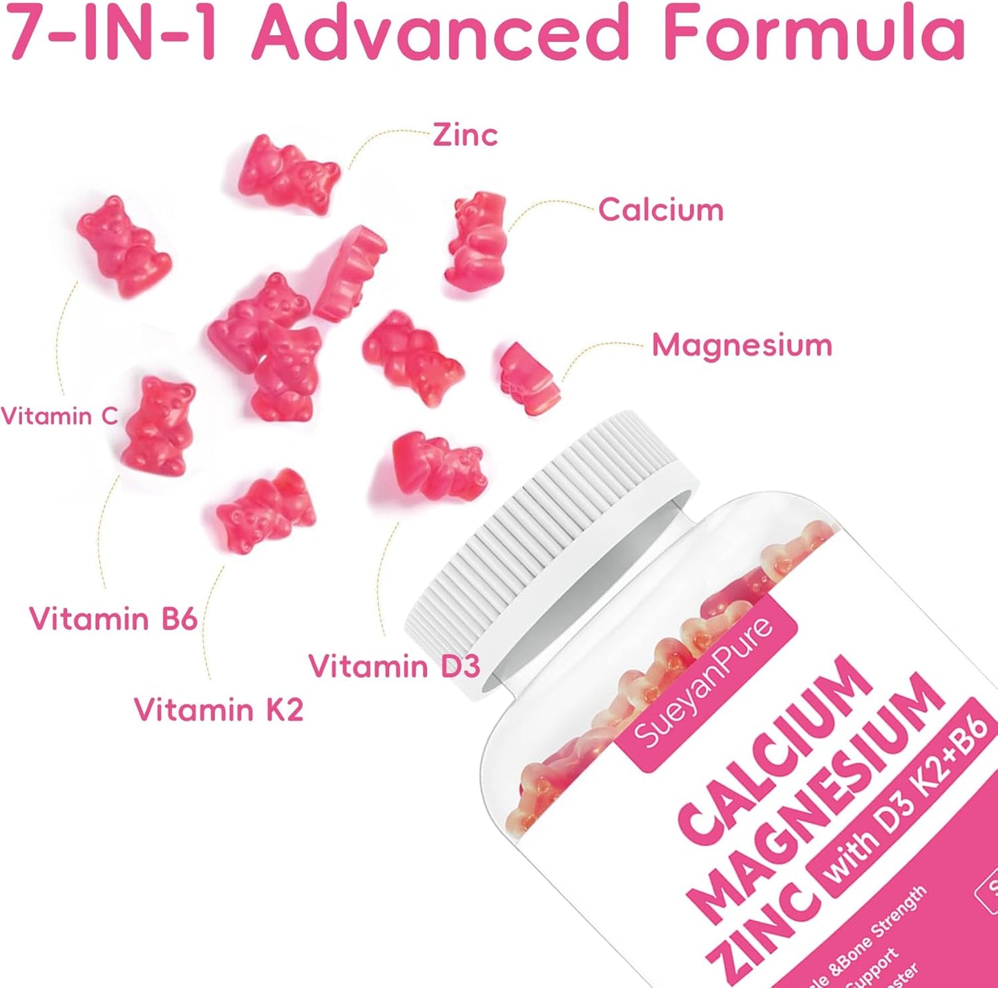 Sugar Free Calcium Magnesium Zinc Gummies with Vitamins for Bone & Muscle Support - 120 Gummies for Adults and Teens
