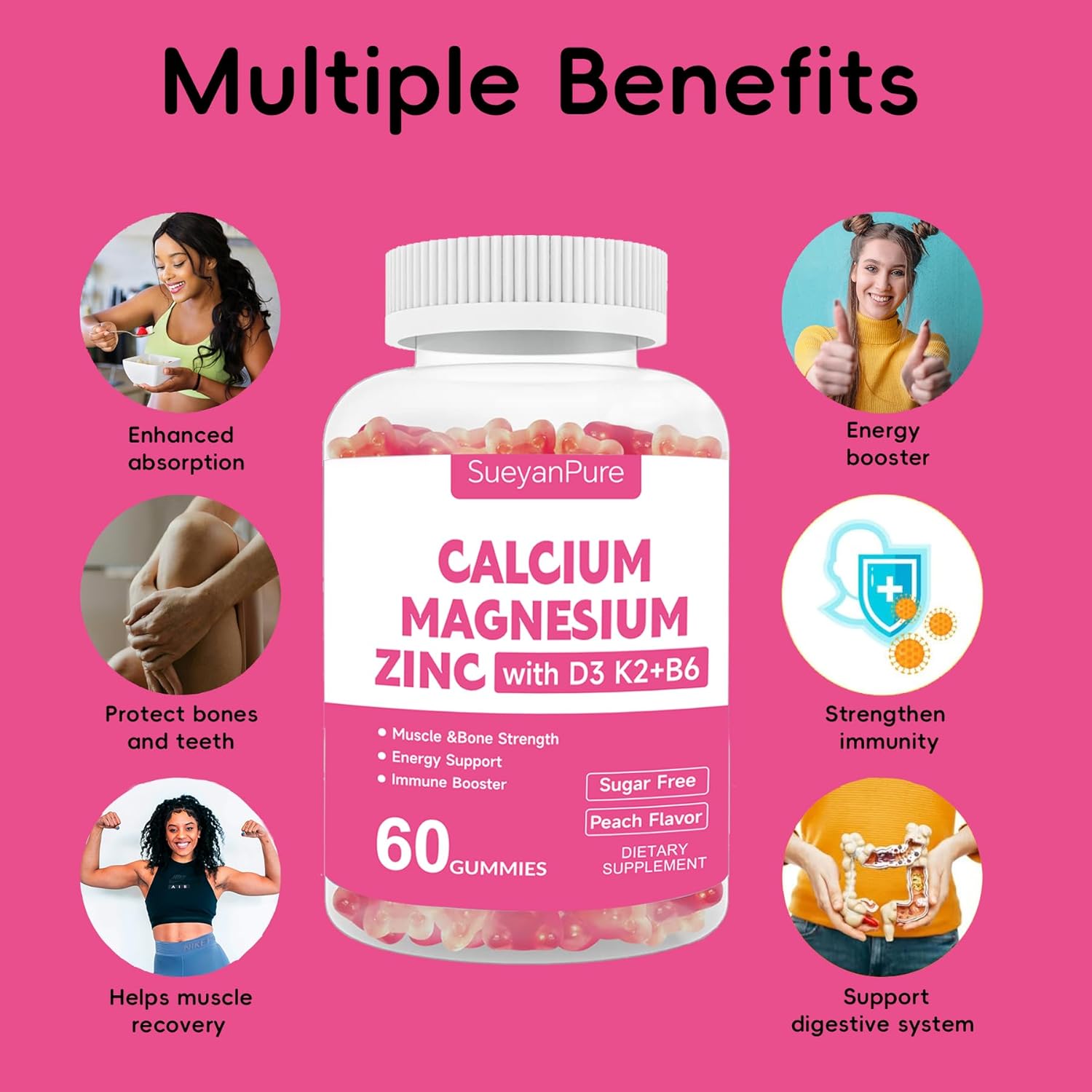 Sugar Free Calcium Magnesium Zinc Gummies with Vitamins for Bone & Muscle Support - 120 Gummies for Adults and Teens