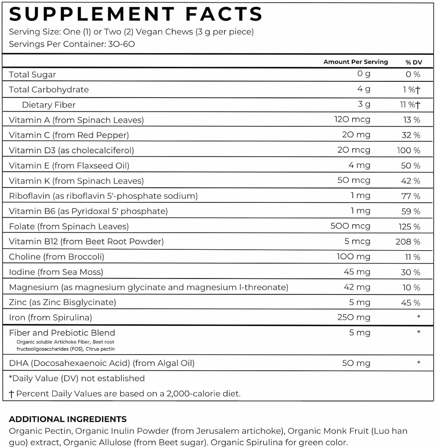 Sugar-Free Chewable Kids Multivitamin with Prebiotics, Omega 3 DHA, Fiber, Iron & Folate for Immunity & Digestive Health - Vegan | 60 Chews