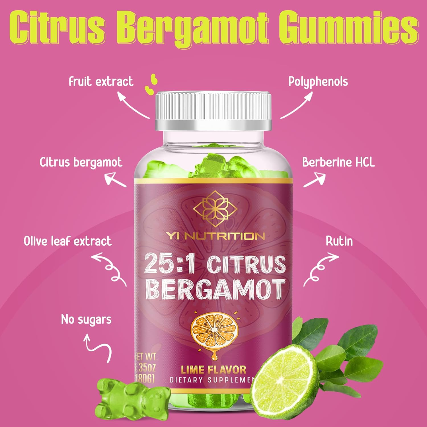 Sugar-Free Citrus Bergamot Gummy with 25:1 Extract Ratio - High Concentration Formula, No Maltitol