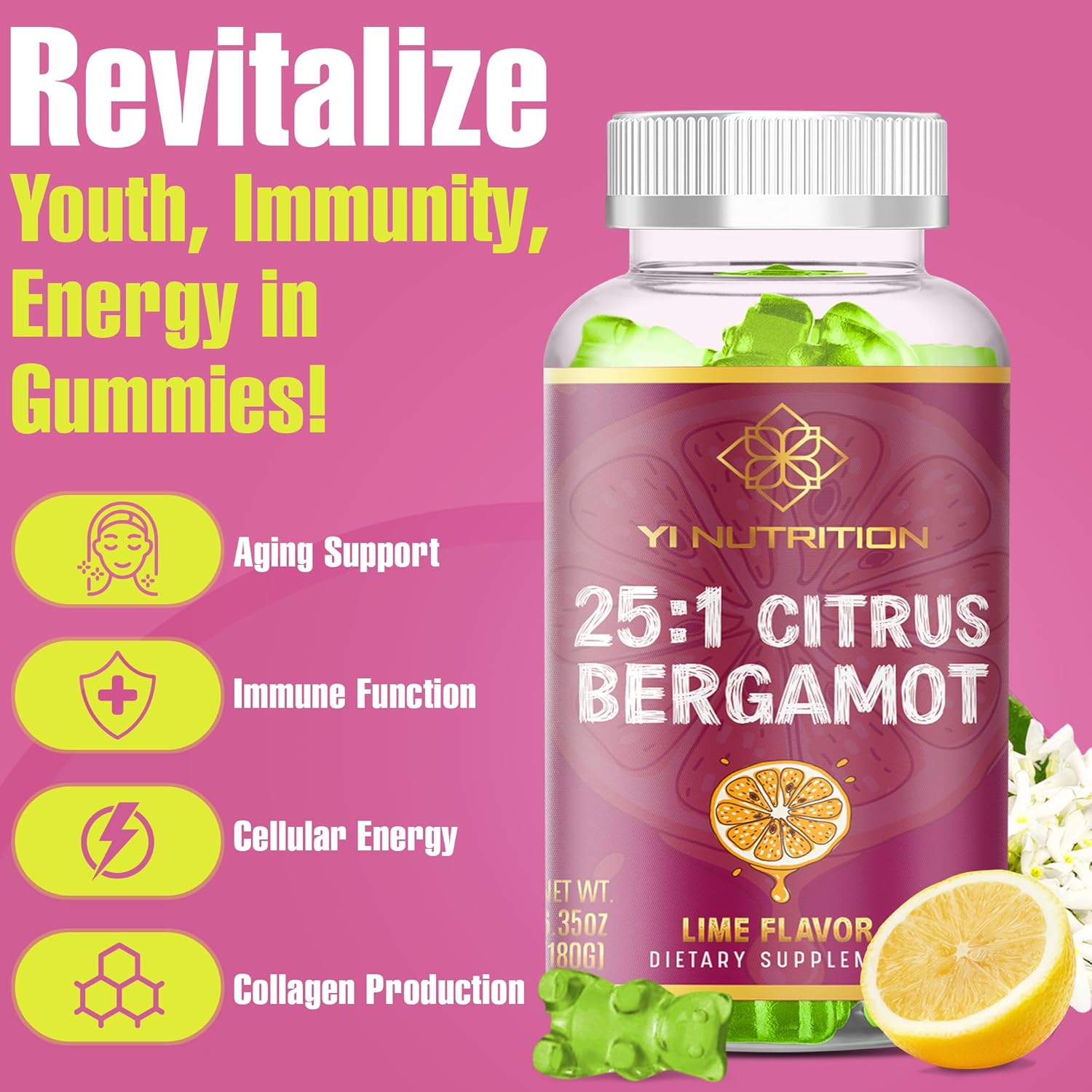 Sugar-Free Citrus Bergamot Gummy with 25:1 Extract Ratio - High Concentration Formula, No Maltitol