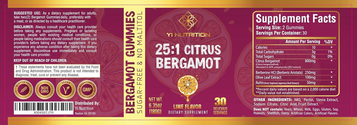 Sugar-Free Citrus Bergamot Gummy with 25:1 Extract Ratio - High Concentration Formula, No Maltitol