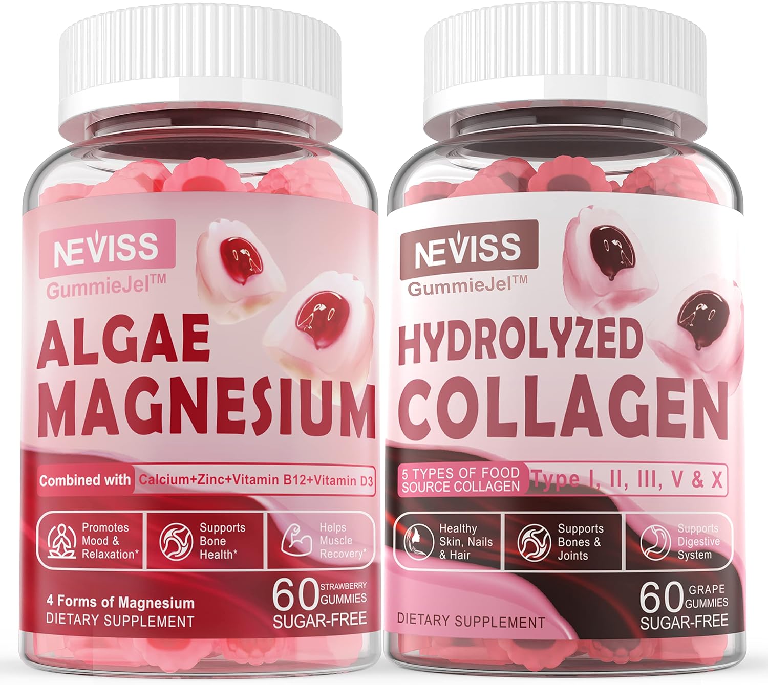 Sugar Free Collagen and Calcium Magnesium Gummies for Adults - Promotes Healthy Skin, Hair, Nails, Bones, Nerves, Muscles, and Mood