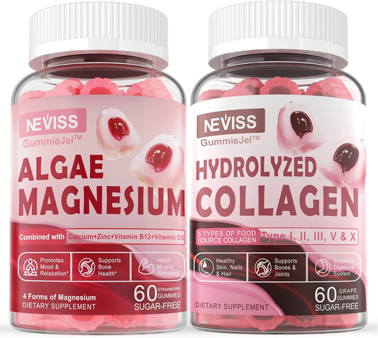 Sugar Free Collagen and Calcium Magnesium Gummies for Adults - Promotes Healthy Skin, Hair, Nails, Bones, Nerves, Muscles, and Mood