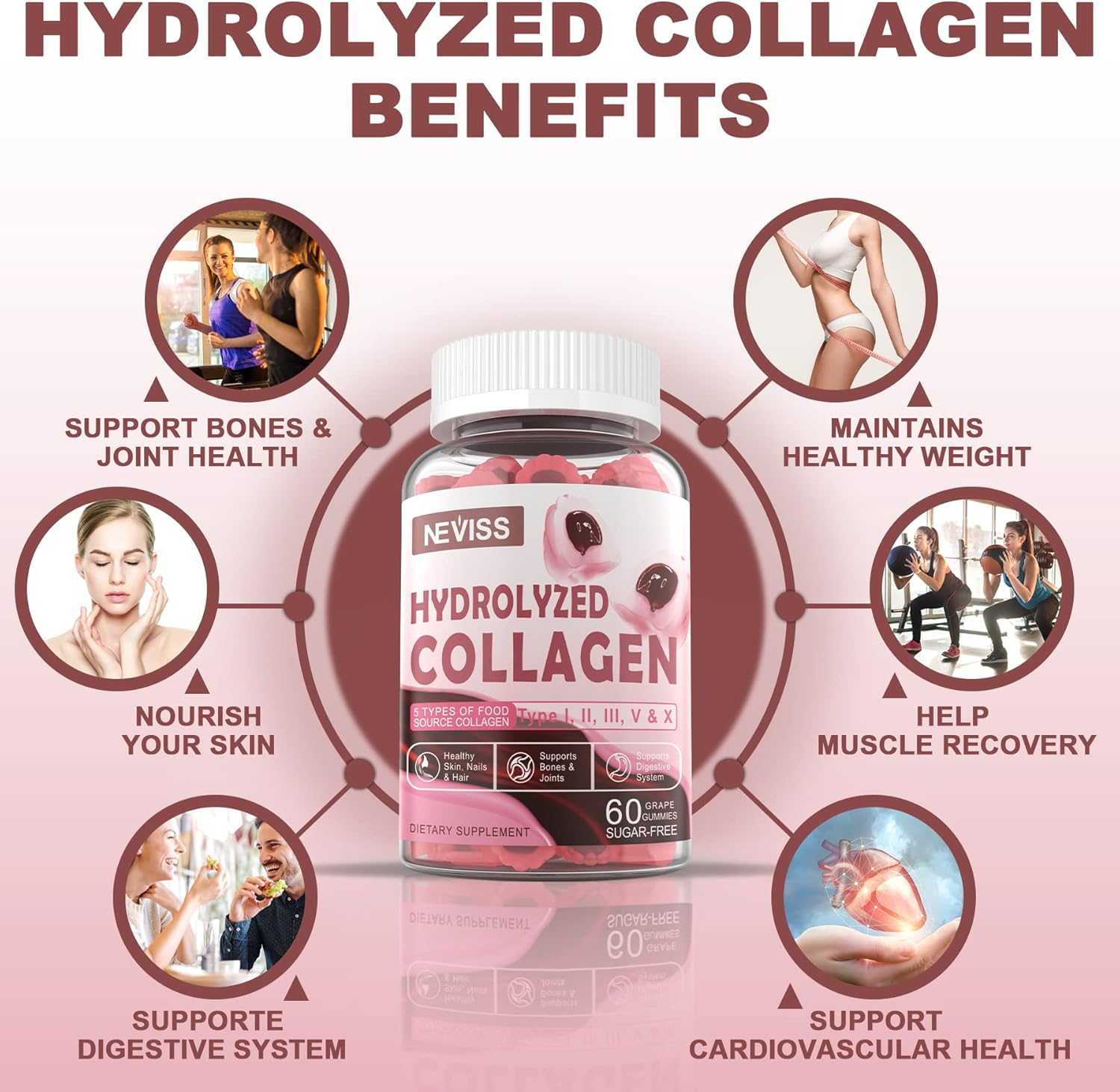 Sugar Free Collagen and Calcium Magnesium Gummies for Adults - Promotes Healthy Skin, Hair, Nails, Bones, Nerves, Muscles, and Mood