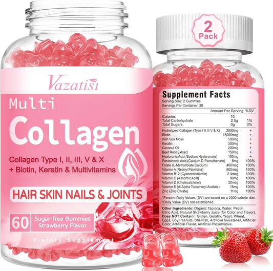Sugar Free Collagen Gummies 2 Pack for Skin Hair Nails Joints Muscles - Hydrolyzed Peptide Type I II III V X with Biotin Vitamin C A B D E - Women Men Supplement