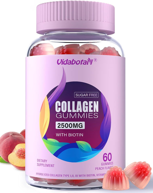 Sugar Free Collagen Gummies for Women with Super Strength 2500mg Hydrolyzed Peptides, Biotin, Vitamin D3, E, C, B12, Zinc - Natural Peach Flavor - 60 Gummies