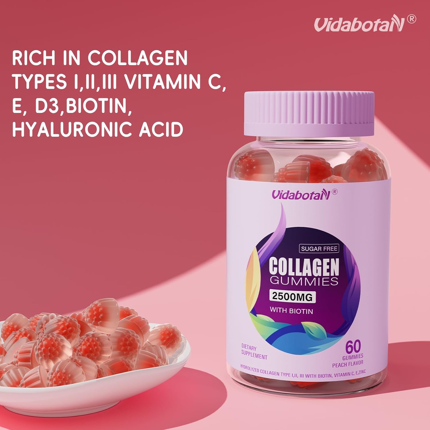 Sugar Free Collagen Gummies for Women with Super Strength 2500mg Hydrolyzed Peptides, Biotin, Vitamin D3, E, C, B12, Zinc - Natural Peach Flavor - 60 Gummies