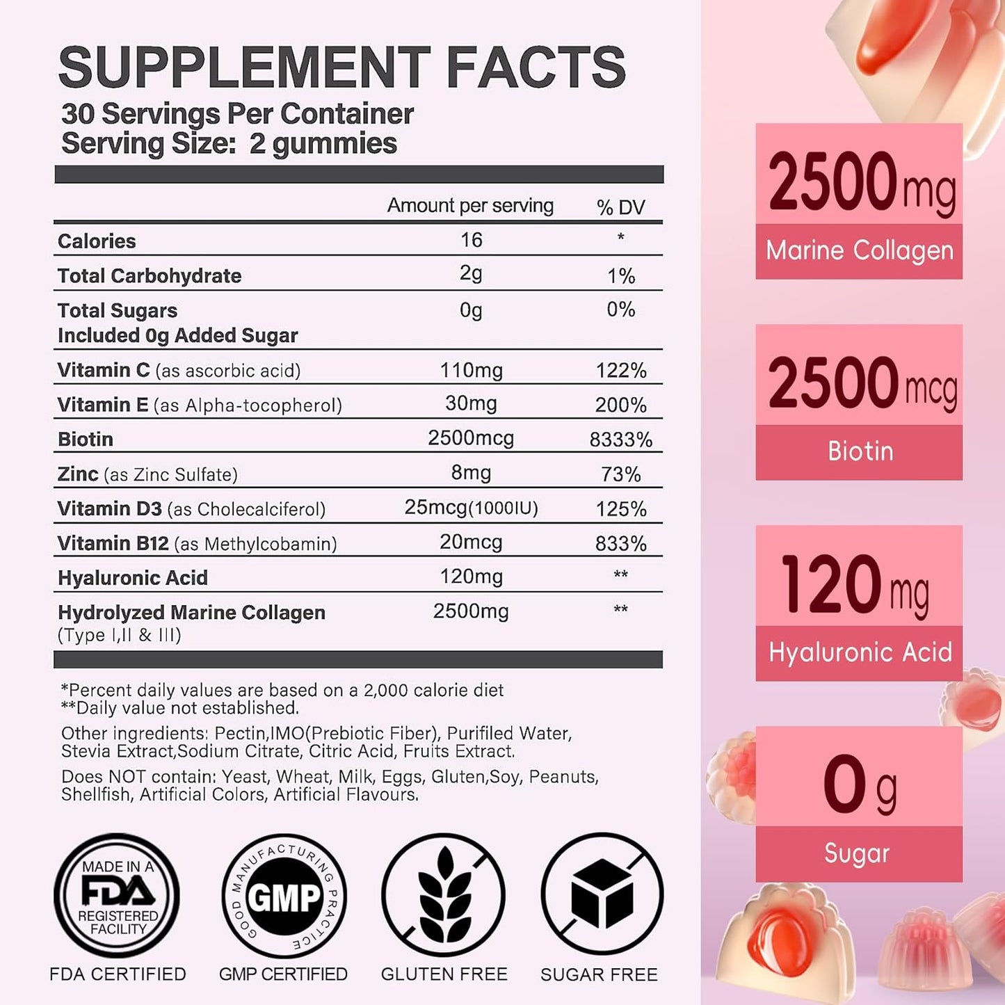 Sugar Free Collagen Gummies for Women with Super Strength 2500mg Hydrolyzed Peptides, Biotin, Vitamin D3, E, C, B12, Zinc - Natural Peach Flavor - 60 Gummies