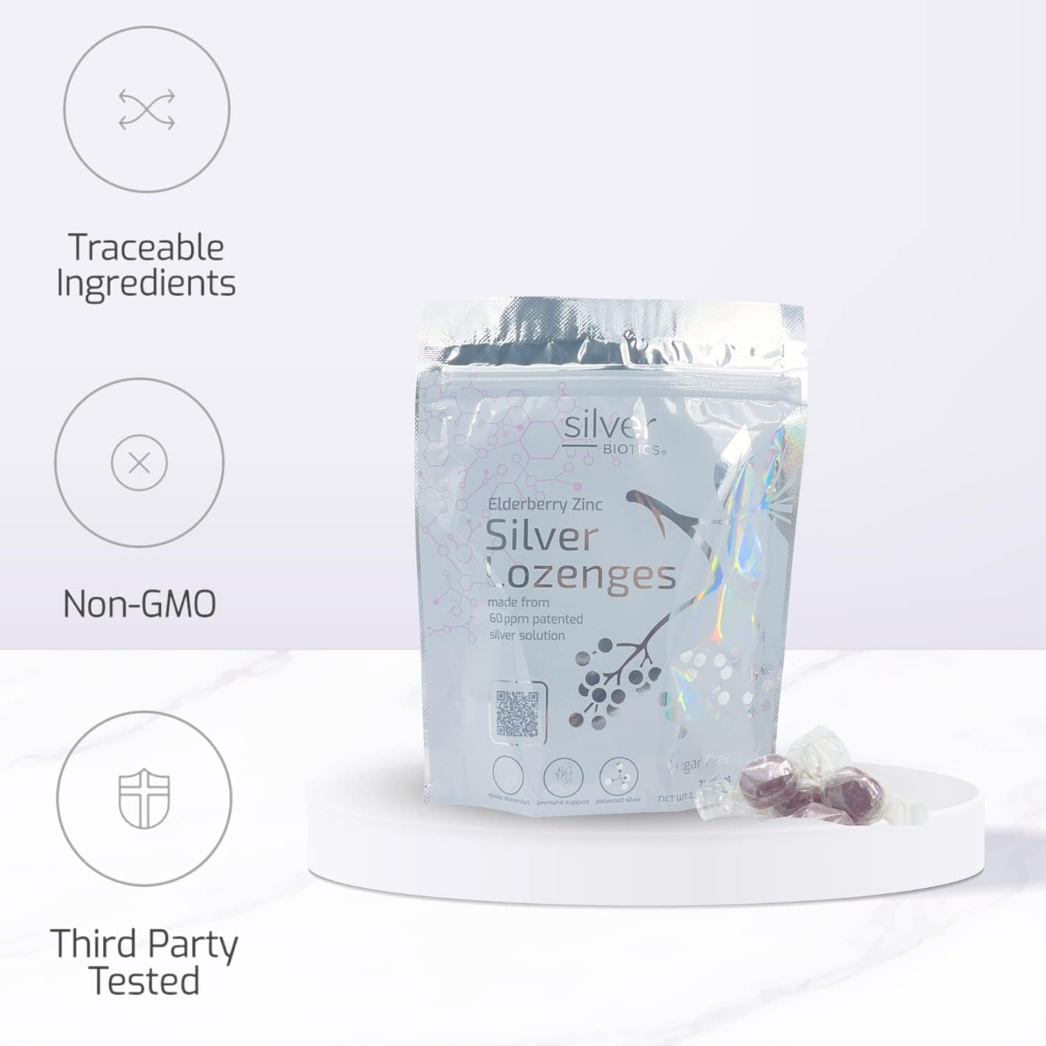 Sugar-Free Colloidal Silver Lozenges with Elderberry and Zinc for Immune Support and Throat Comfort - 21 Count