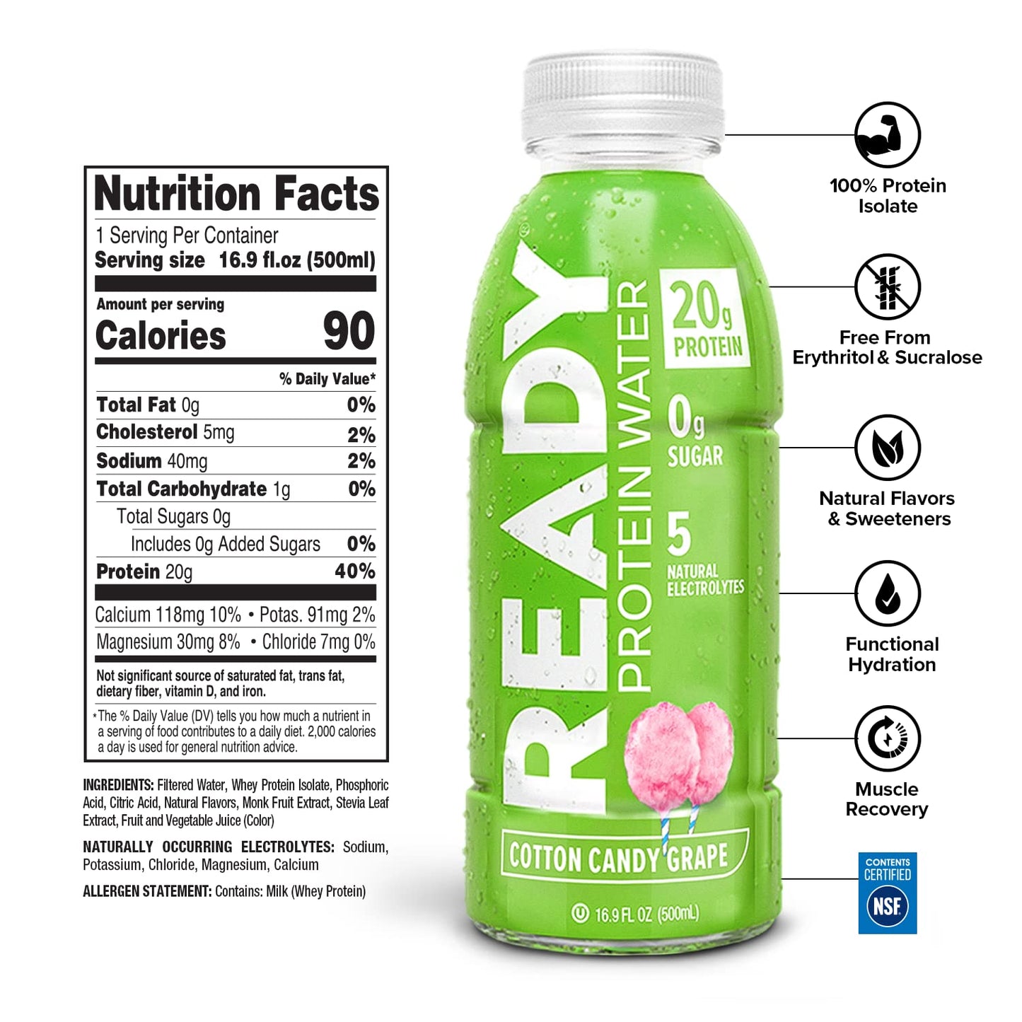 Sugar-Free Cotton Candy Grape Protein Water, 20g Whey Protein Isolate, 12-Pack, 16.9oz Each