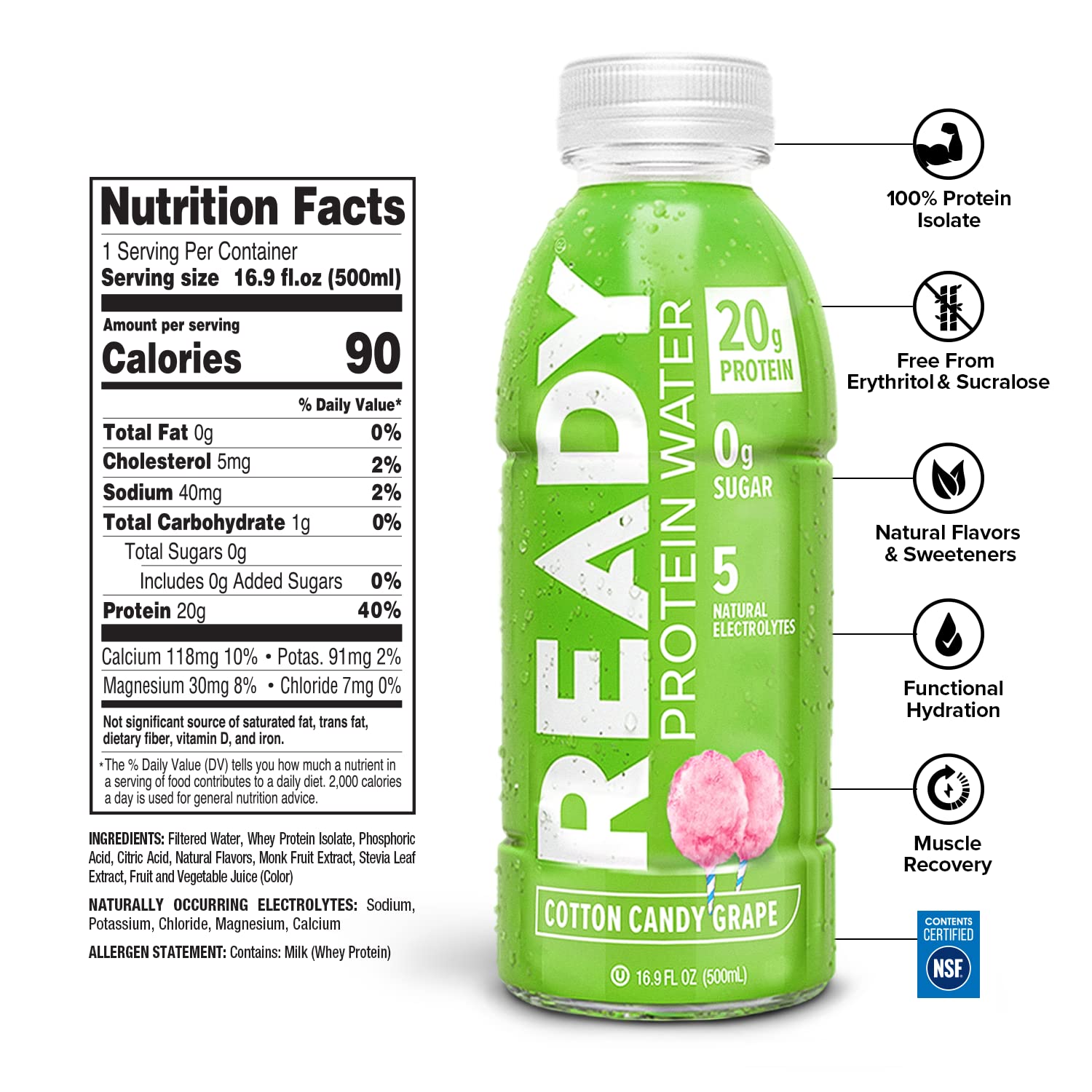 Sugar-Free Cotton Candy Grape Protein Water, 20g Whey Protein Isolate, 12-Pack, 16.9oz Each