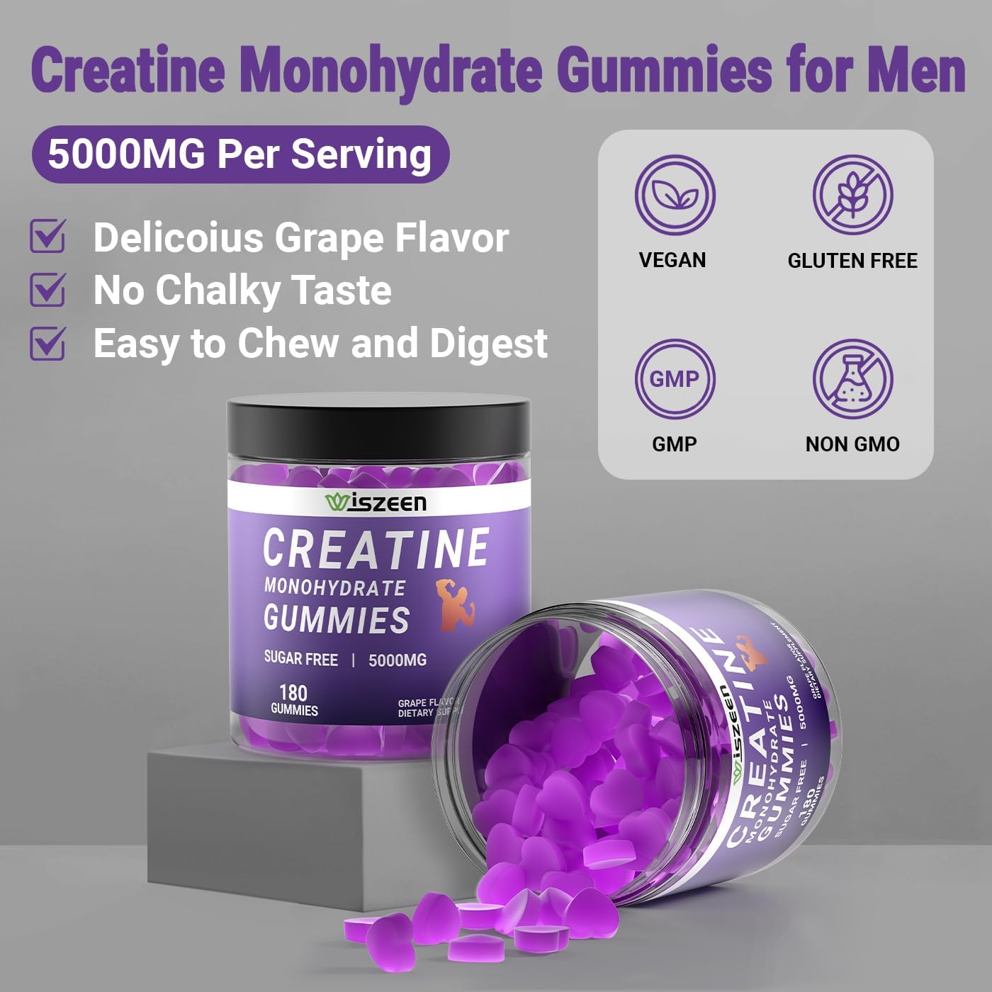Sugar-Free Creatine Gummies with L-Taurine, Alpha GPC, and Vitamin B12 for Men and Women
