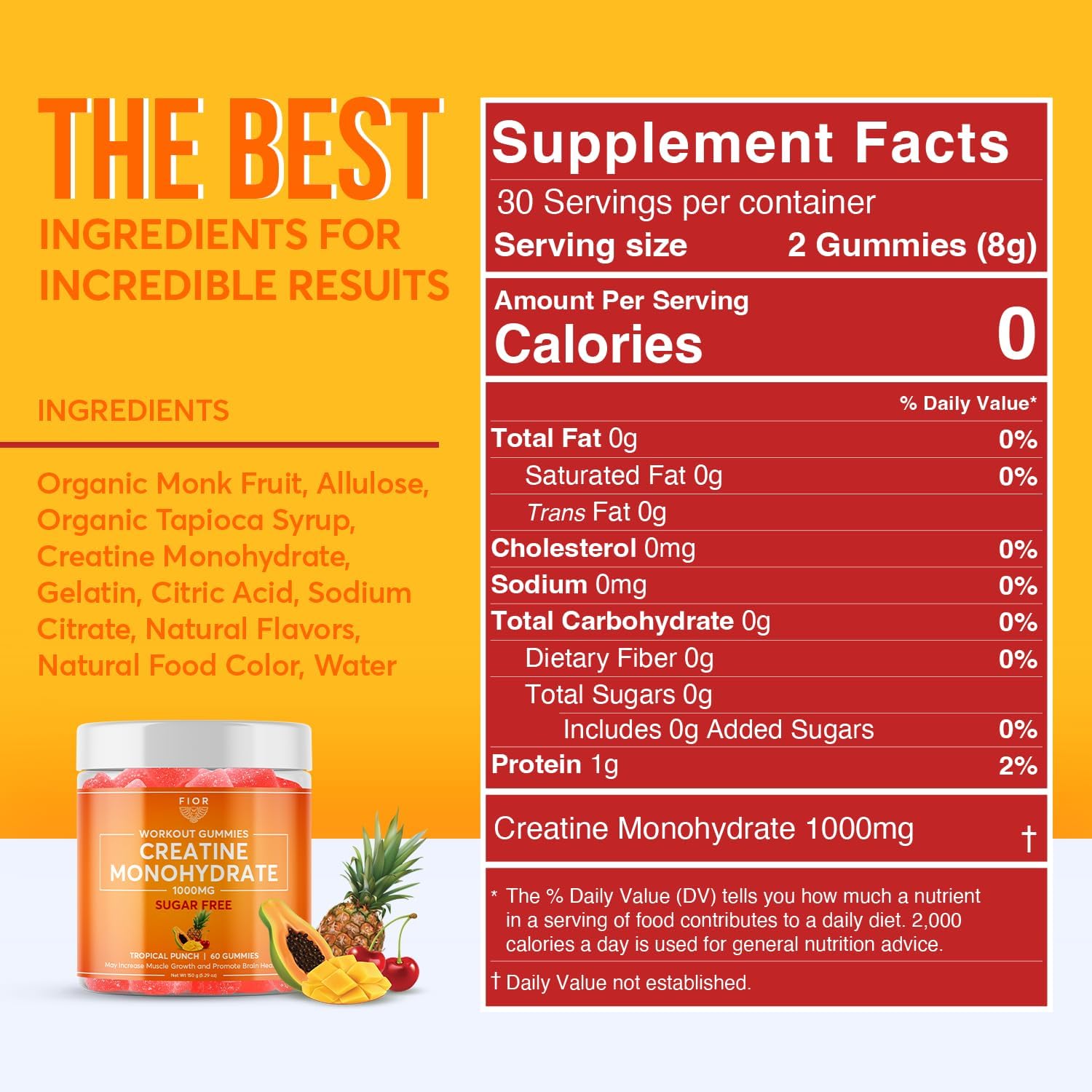Sugar-Free Creatine Gummy - Top Creatine Monohydrate Chewable Supplement, Tropical Punch Flavor, 60 Count