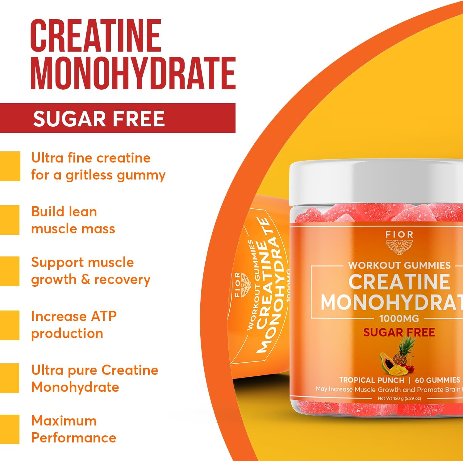 Sugar-Free Creatine Gummy - Top Creatine Monohydrate Chewable Supplement, Tropical Punch Flavor, 60 Count