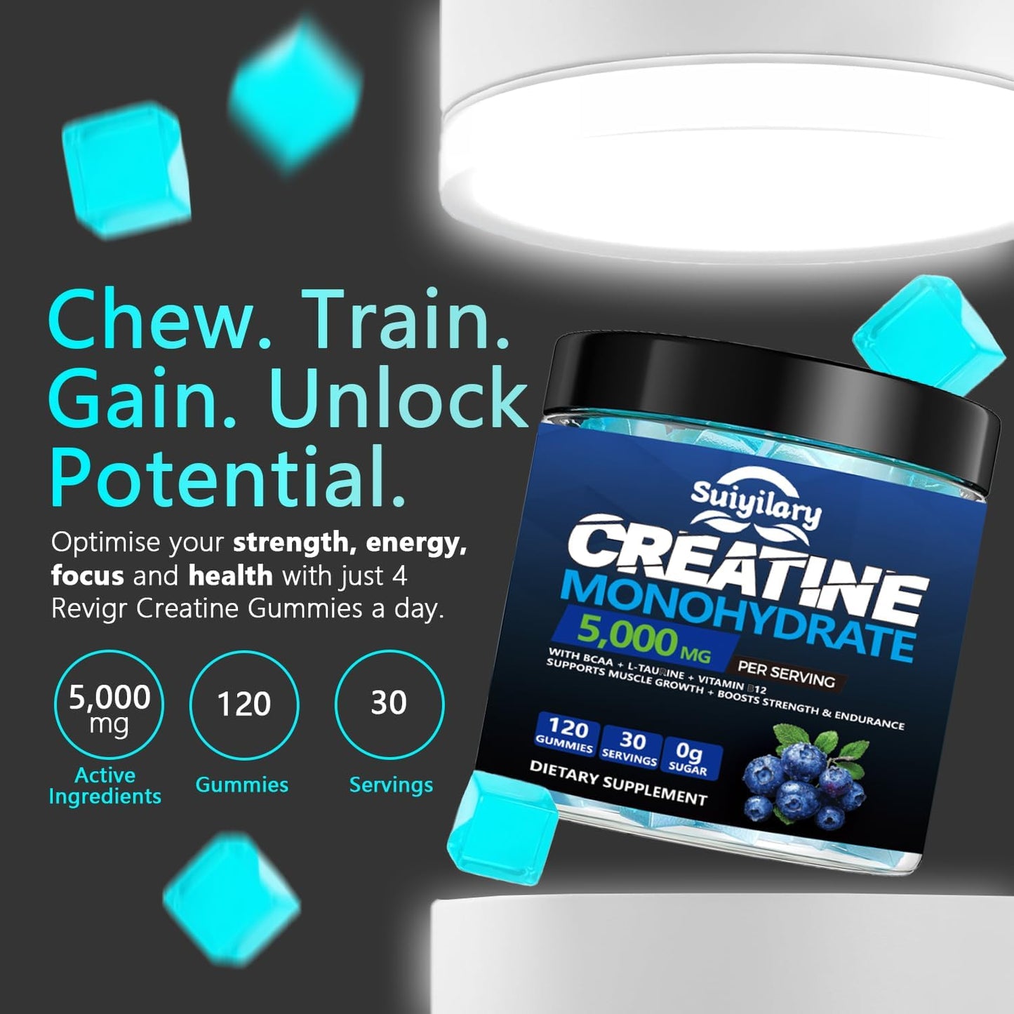Sugar-Free Creatine Monohydrate Gummies Complex 5000mg - 120 Gummies for Muscle Strength & Energy Boost - Vegan Pre-Workout Supplement for Men & Women