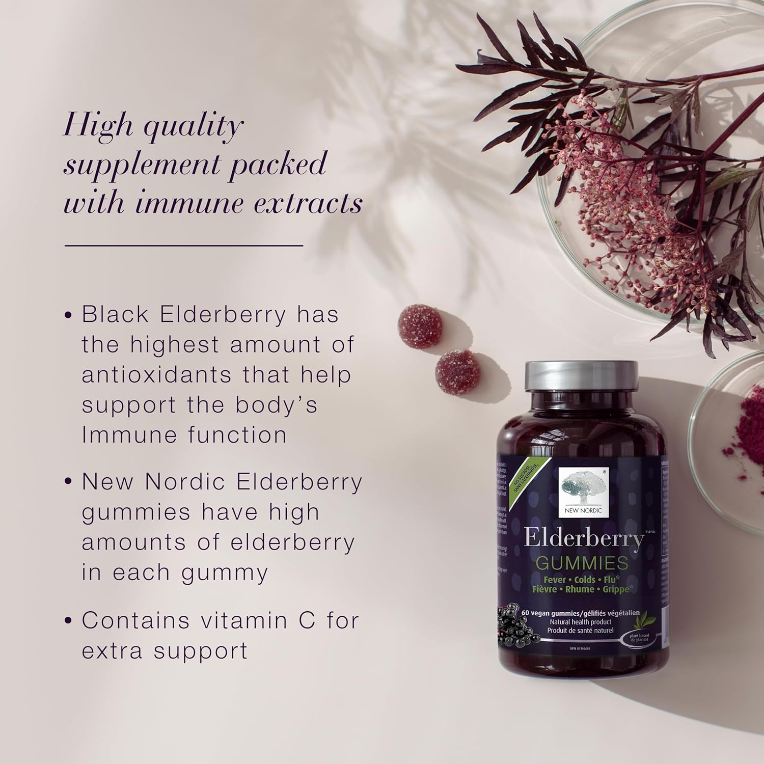 Sugar-Free Elderberry Vegan Gummies with Vitamin C - Immune Support for Adults & Kids 4+, 60 Count