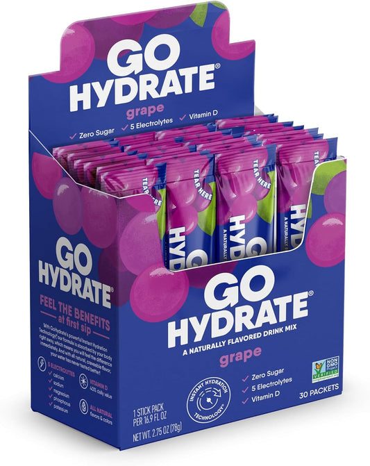 Sugar Free Electrolyte Drink Mix Packets with Vitamin D - Grape Flavor, Natural Hydration Support, Low Sodium - 30 Packets