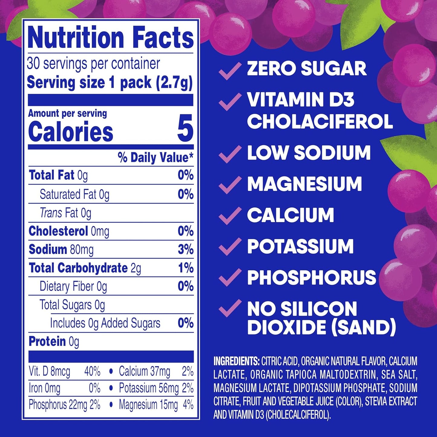 Sugar Free Electrolyte Drink Mix Packets with Vitamin D - Grape Flavor, Natural Hydration Support, Low Sodium - 30 Packets