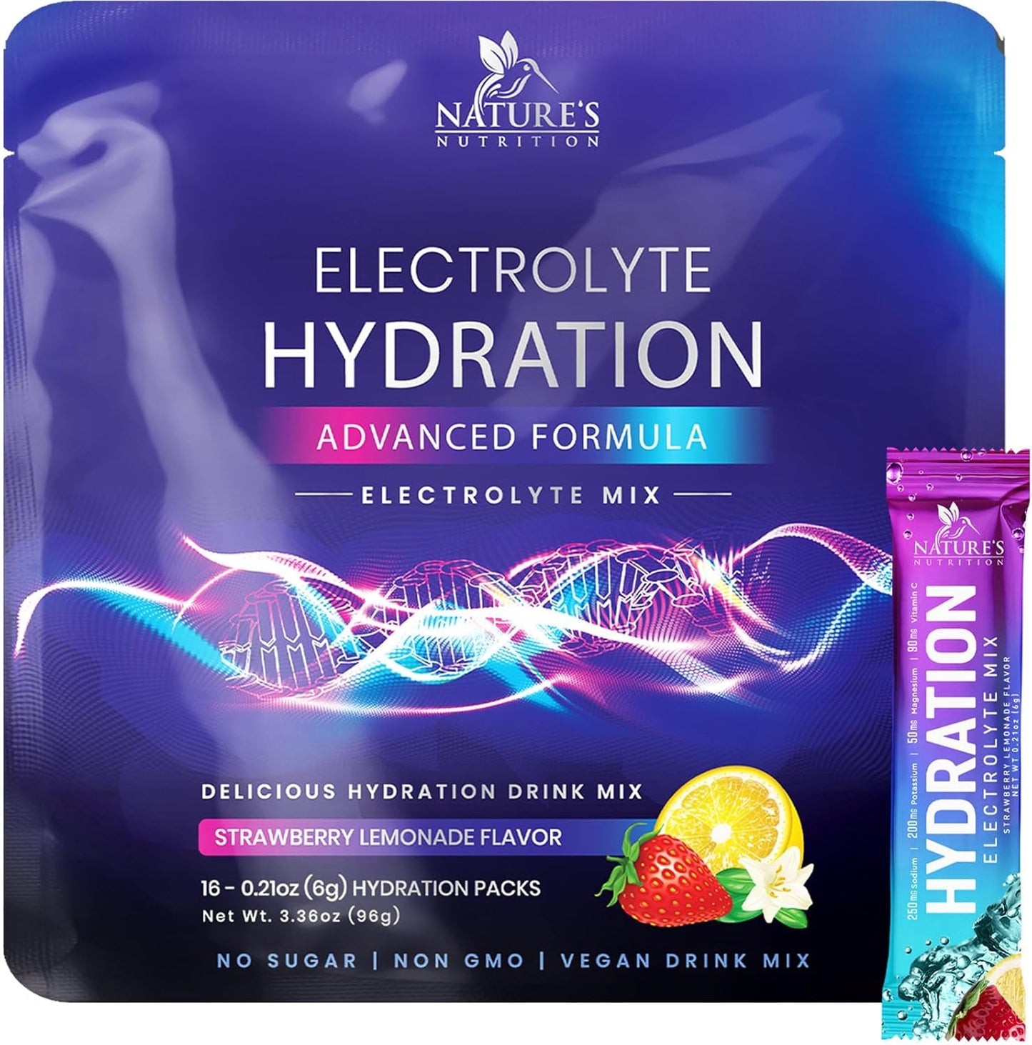 Sugar-Free Electrolyte Drink Mix Powder Hydration Packets | Non-GMO, Vegan, Keto, Strawberry Lemonade Flavor - 16 Servings