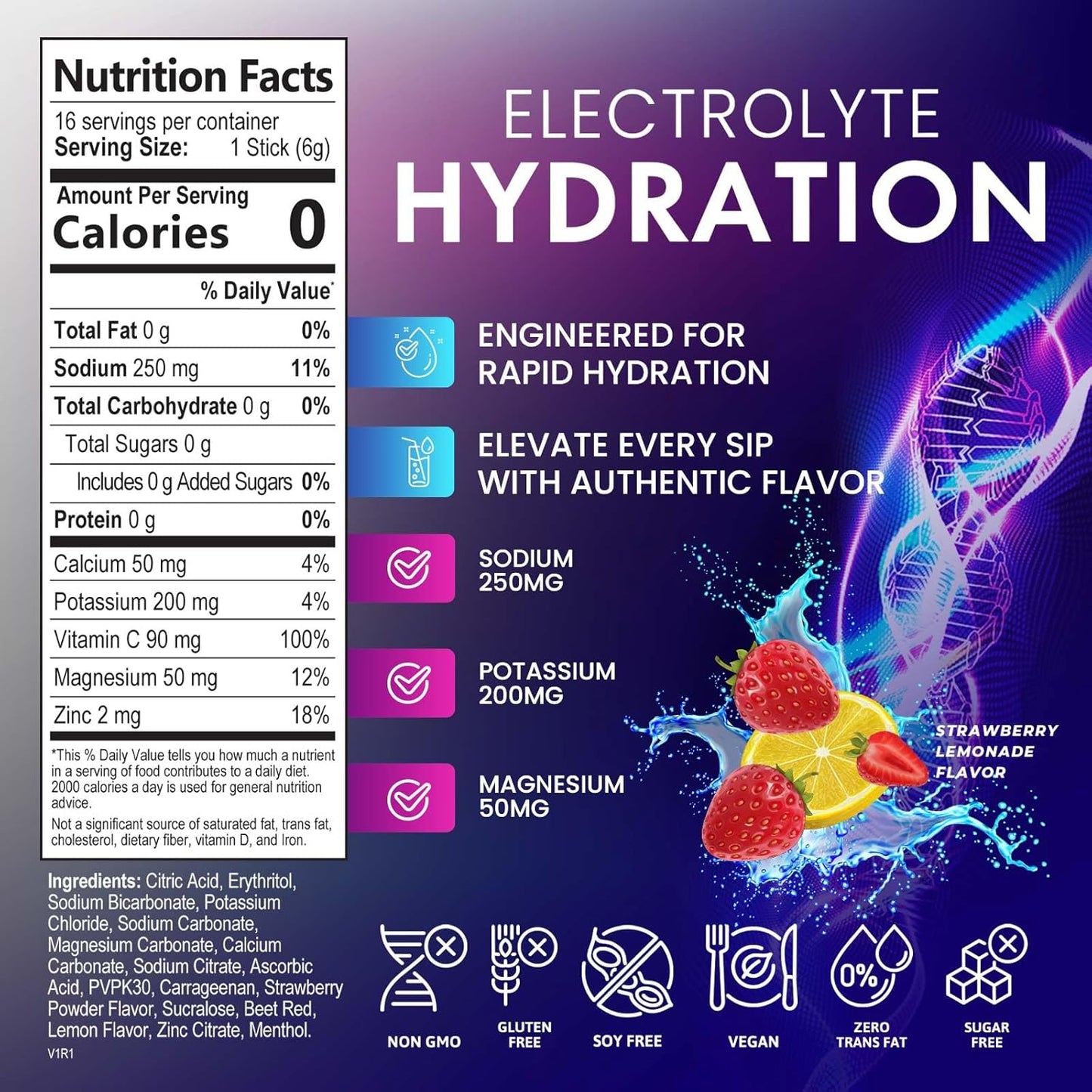 Sugar-Free Electrolyte Drink Mix Powder Hydration Packets | Non-GMO, Vegan, Keto, Strawberry Lemonade Flavor - 16 Servings