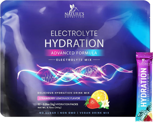 Sugar-Free Electrolyte Drink Mix Powder Packets for Hydration | Non-GMO Vegan Keto Strawberry Lemonade - 32 Servings