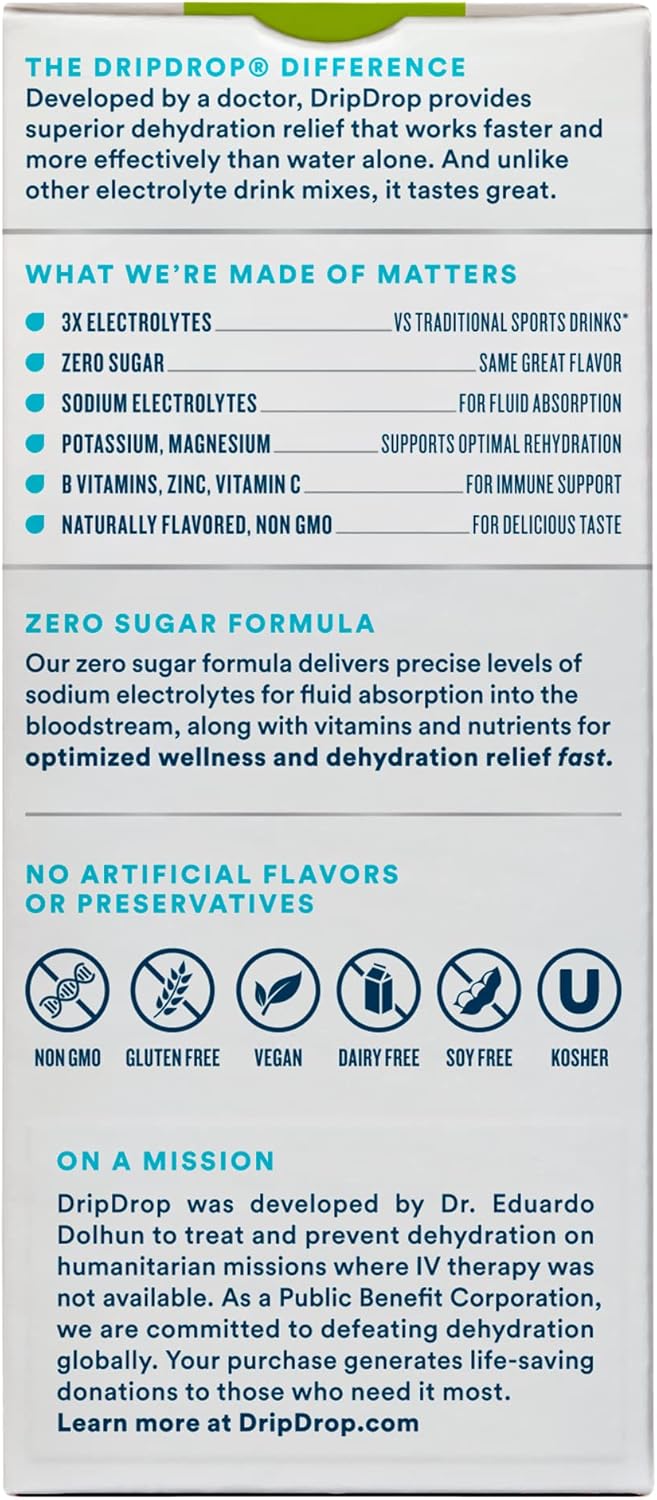 Sugar-Free Electrolyte Powder Packets - Lemon Lime Flavor - 8 Count - Keto-Friendly by dripdrop Hydration