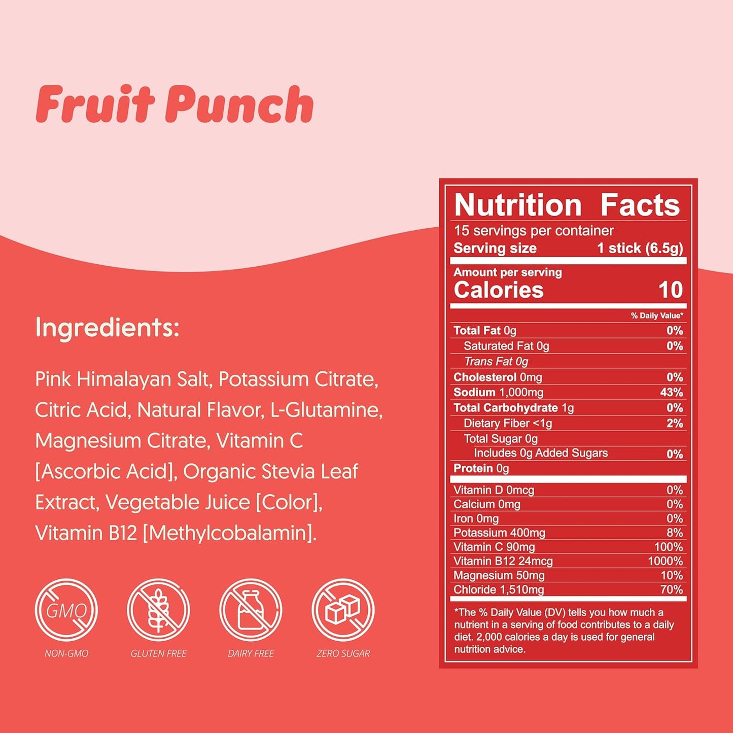 Sugar-Free Electrolyte Powder Packets for Hydration | Fruit Punch Flavor | L-Glutamine + Vitamins | All Natural & Gluten Free | 15 Drink Mix Sticks