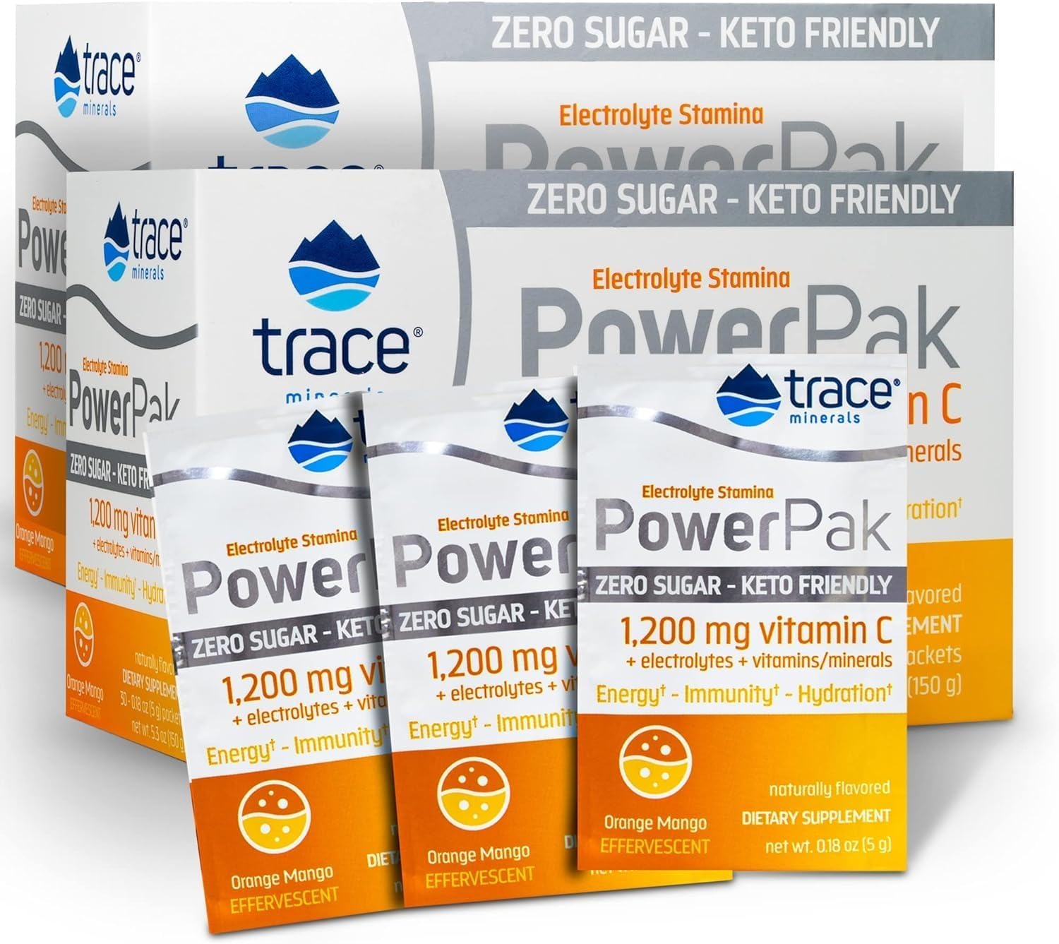 Sugar-Free Electrolyte Powder Packets with Trace Minerals, Vitamin C, Zinc, and Magnesium - Boost Immunity, Hydration, and Energy - Keto Friendly Orange Mango - 60 Packets