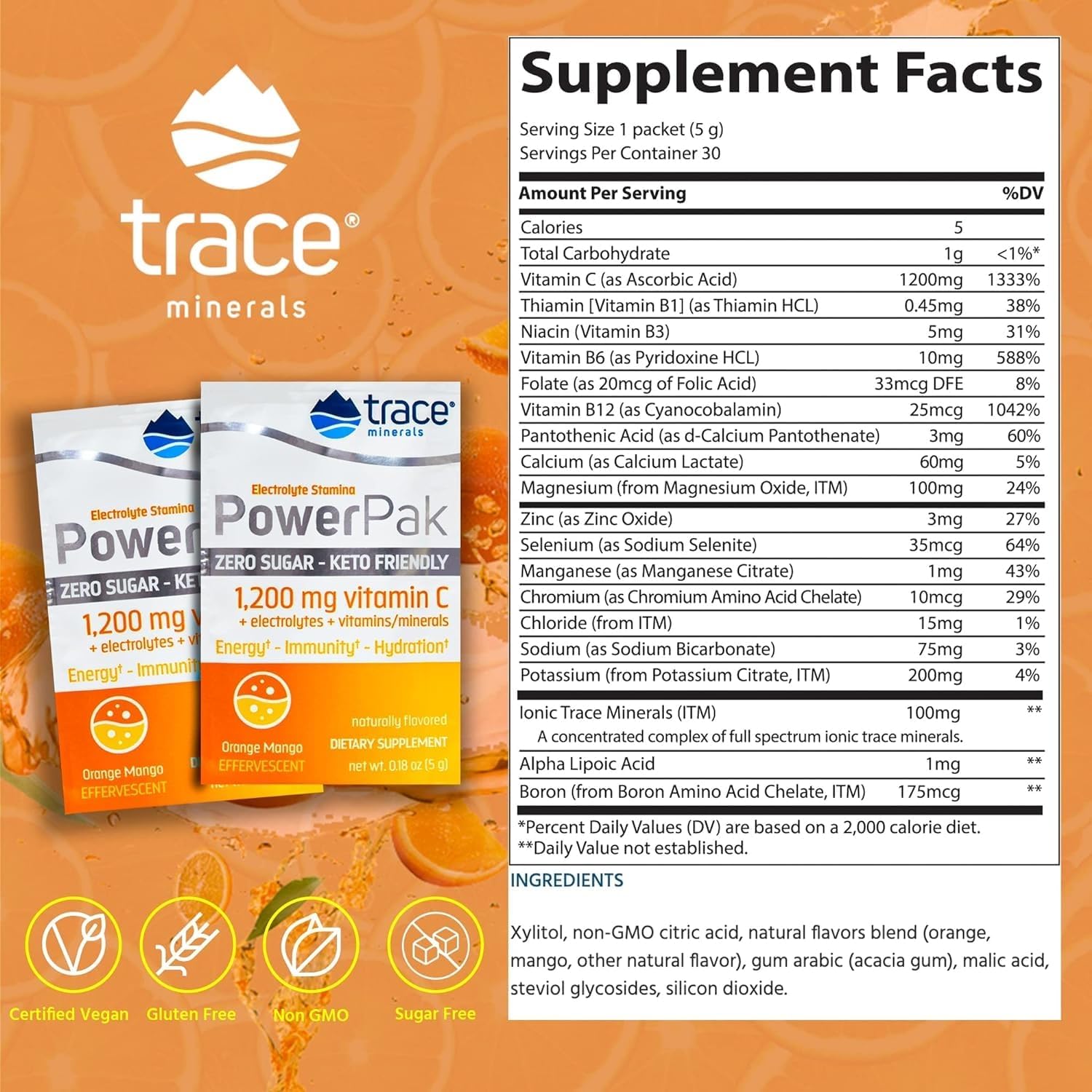 Sugar-Free Electrolyte Powder Packets with Trace Minerals, Vitamin C, Zinc, and Magnesium - Boost Immunity, Hydration, and Energy - Keto Friendly Orange Mango - 60 Packets