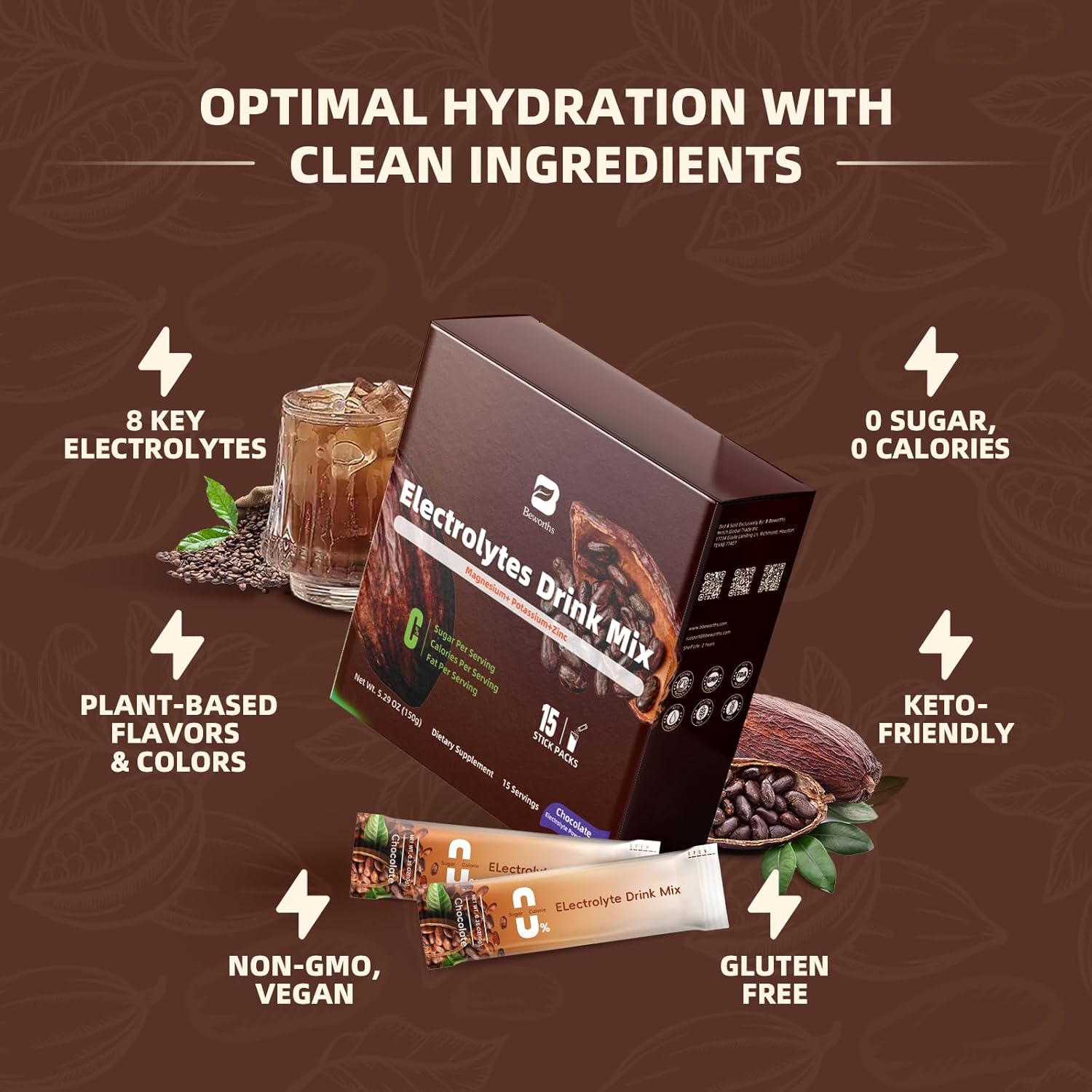 Sugar-Free Electrolyte Powder Packets with Vitamins & Magnesium - 15 Sticks for Hydration Replenishment