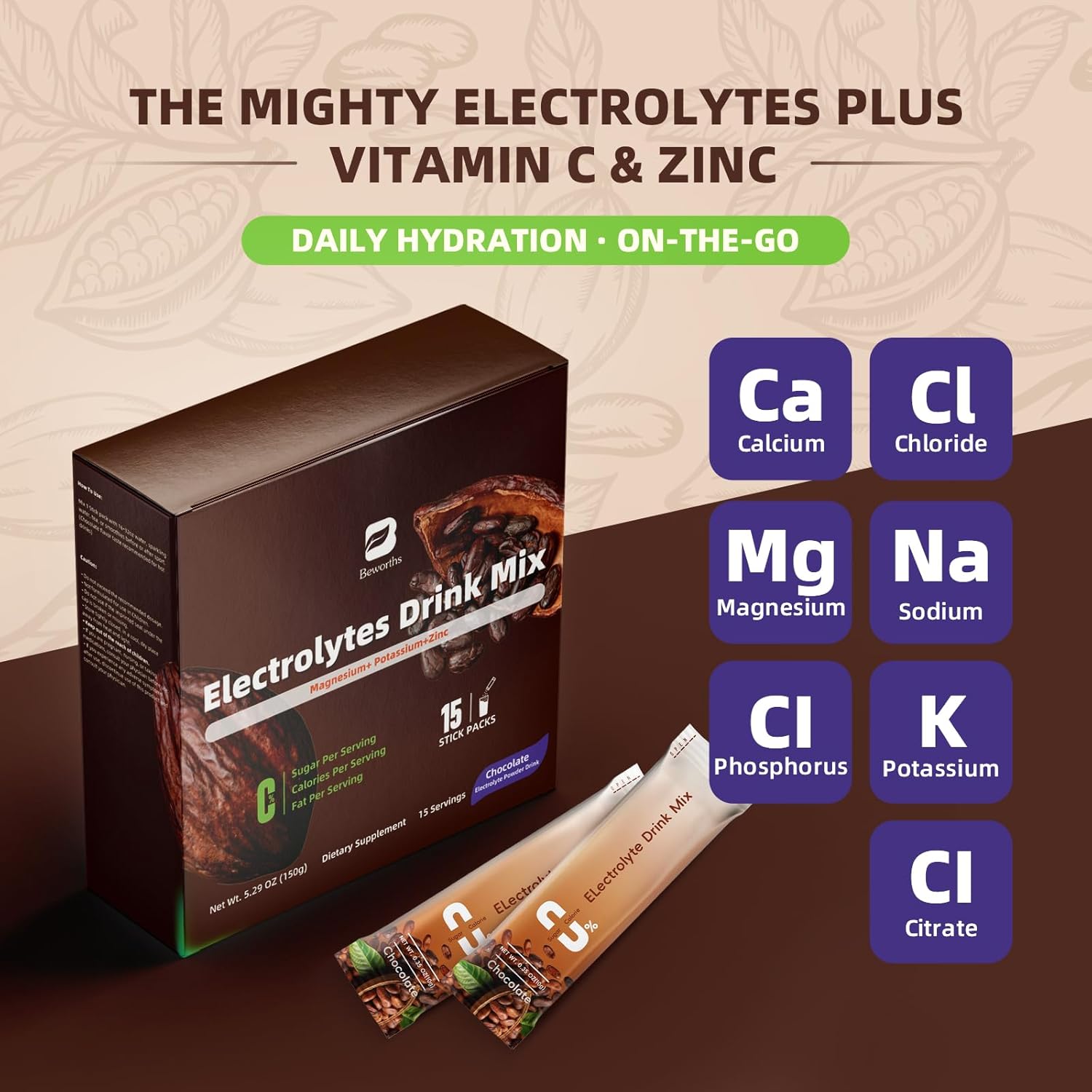 Sugar-Free Electrolyte Powder Packets with Vitamins & Magnesium - 15 Sticks for Hydration Replenishment