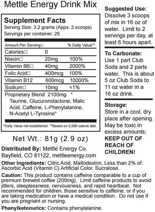 Sugar-Free Energy Drink Powder Mix - 75 Servings, 200mg Caffeine, Mixed Berry Blue Flavor by Mettle