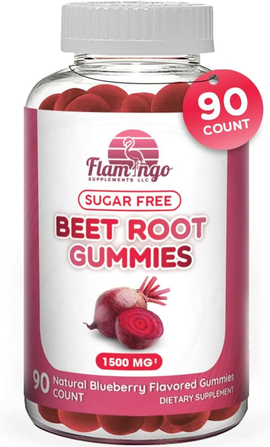 Sugar-Free Flamingo Supplements Beet Root Gummies - 1500mg Nitric Oxide Booster for Energy, Athletic Performance, Blood Flow & Circulation - 90 Chewables