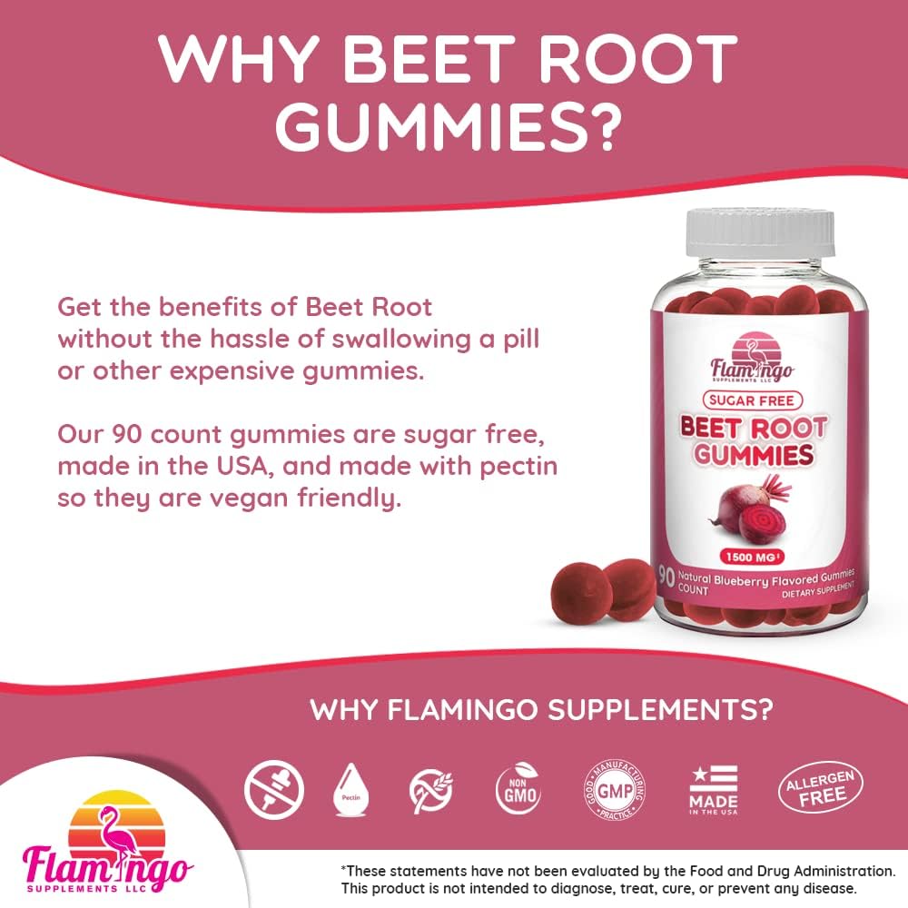 Sugar-Free Flamingo Supplements Beet Root Gummies - 1500mg Nitric Oxide Booster for Energy, Athletic Performance, Blood Flow & Circulation - 90 Chewables