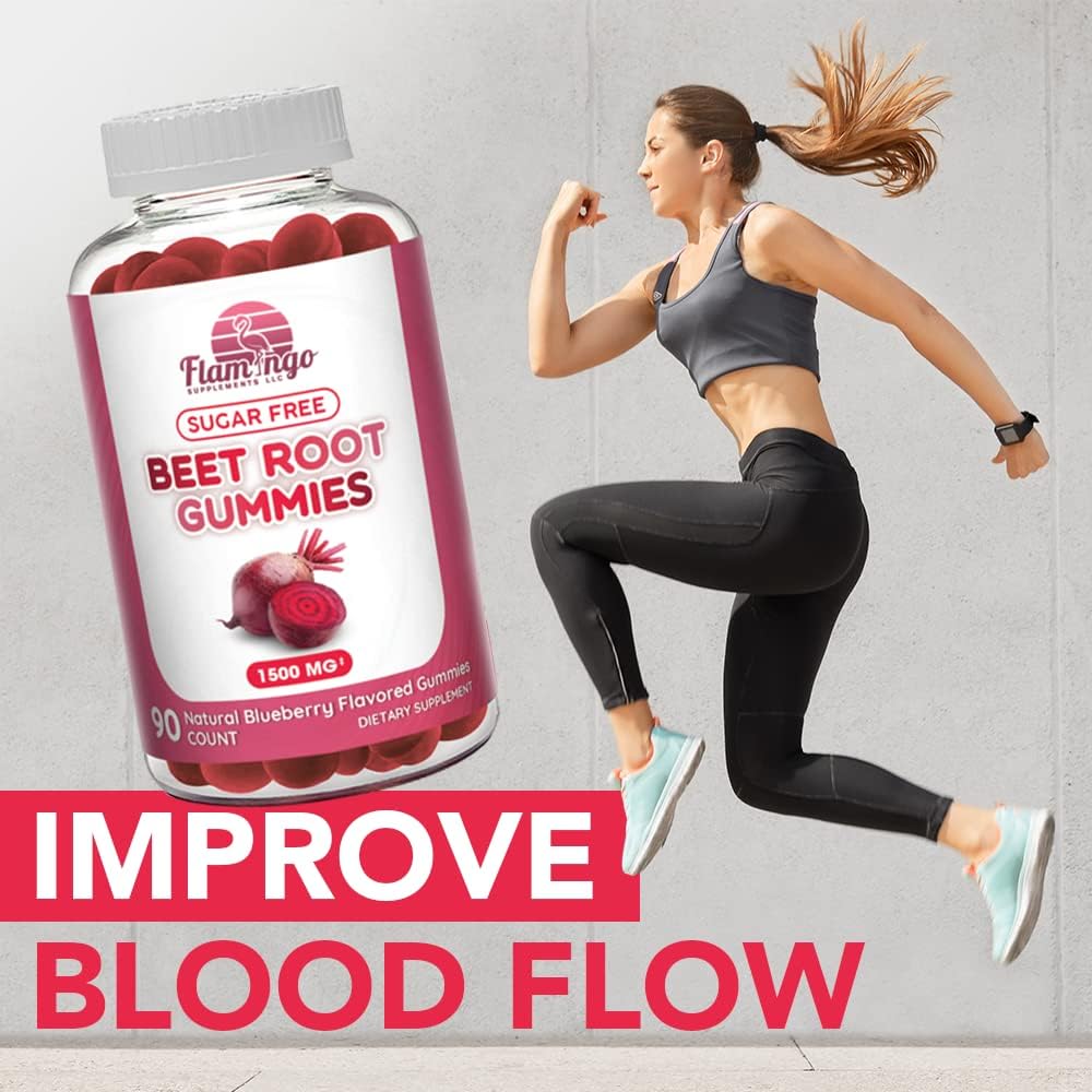 Sugar-Free Flamingo Supplements Beet Root Gummies - 1500mg Nitric Oxide Booster for Energy, Athletic Performance, Blood Flow & Circulation - 90 Chewables