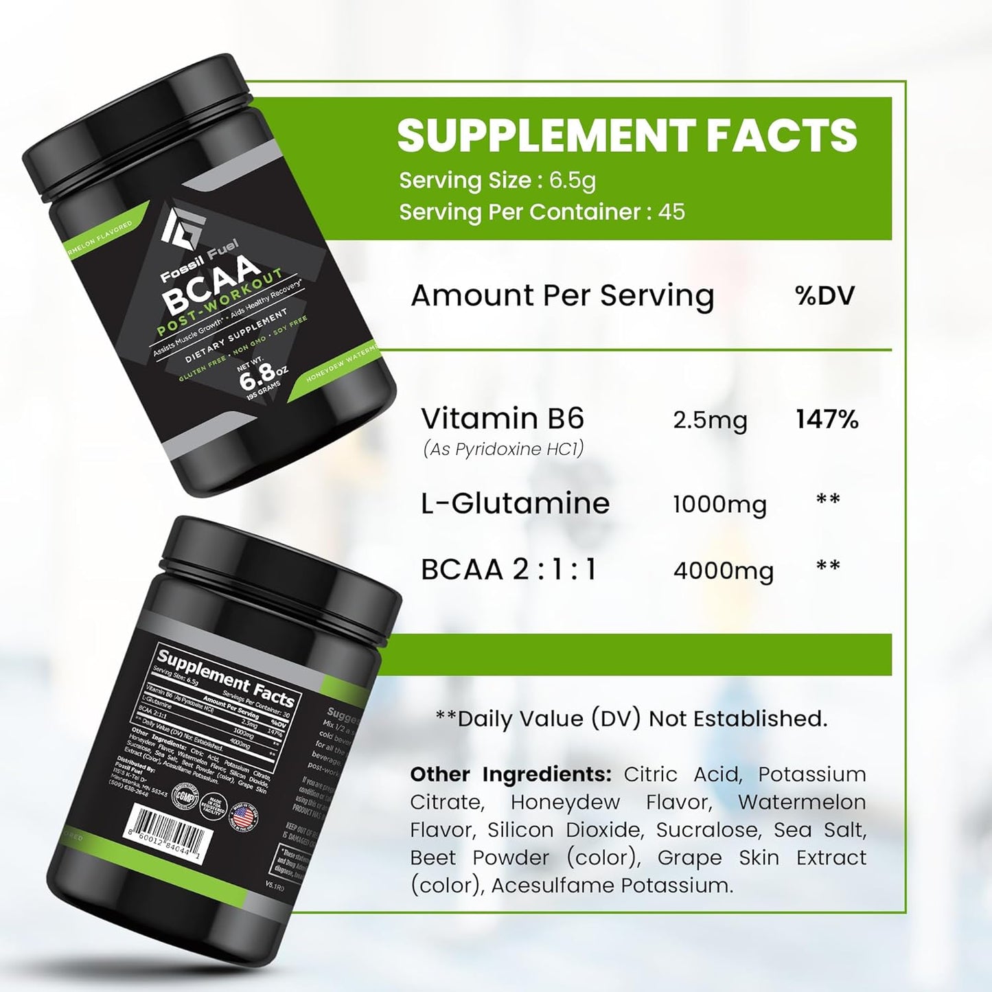 Sugar-Free Fossil Fuel BCAA Post-Workout Powder - Muscle Recovery & Hydration - Honeydew Watermelon Flavor (45 Servings)