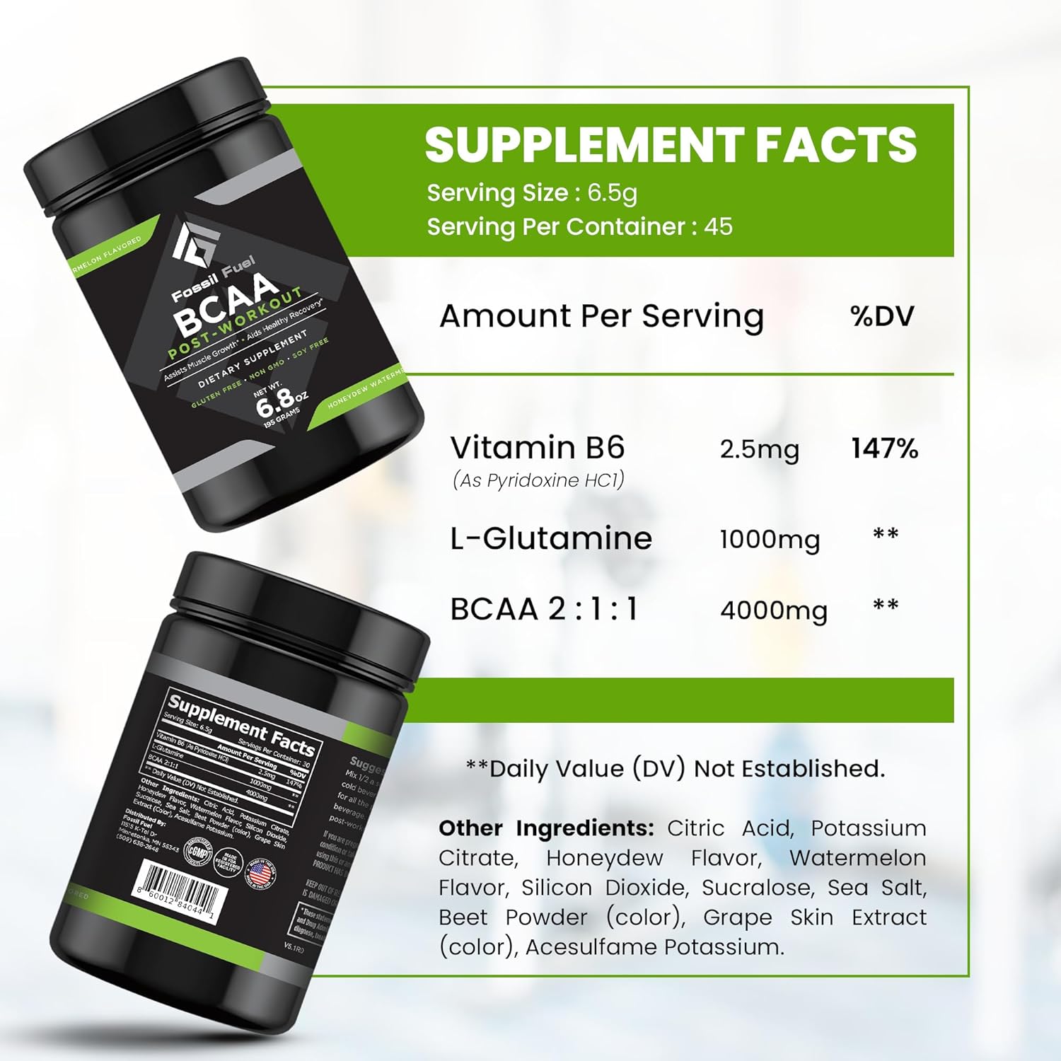 Sugar-Free Fossil Fuel BCAA Post-Workout Powder - Muscle Recovery & Hydration - Honeydew Watermelon Flavor (45 Servings)