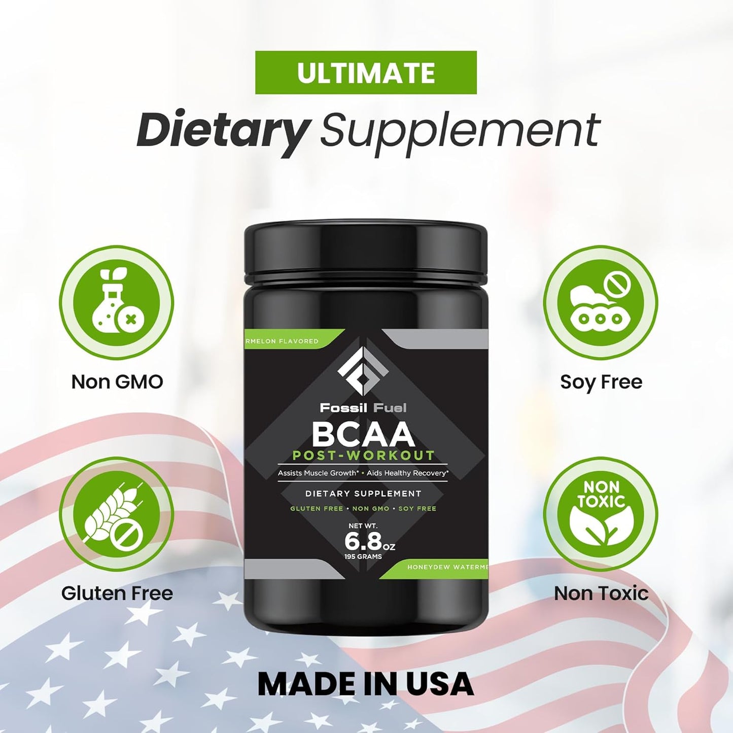 Sugar-Free Fossil Fuel BCAA Post-Workout Powder - Muscle Recovery & Hydration - Honeydew Watermelon Flavor (45 Servings)
