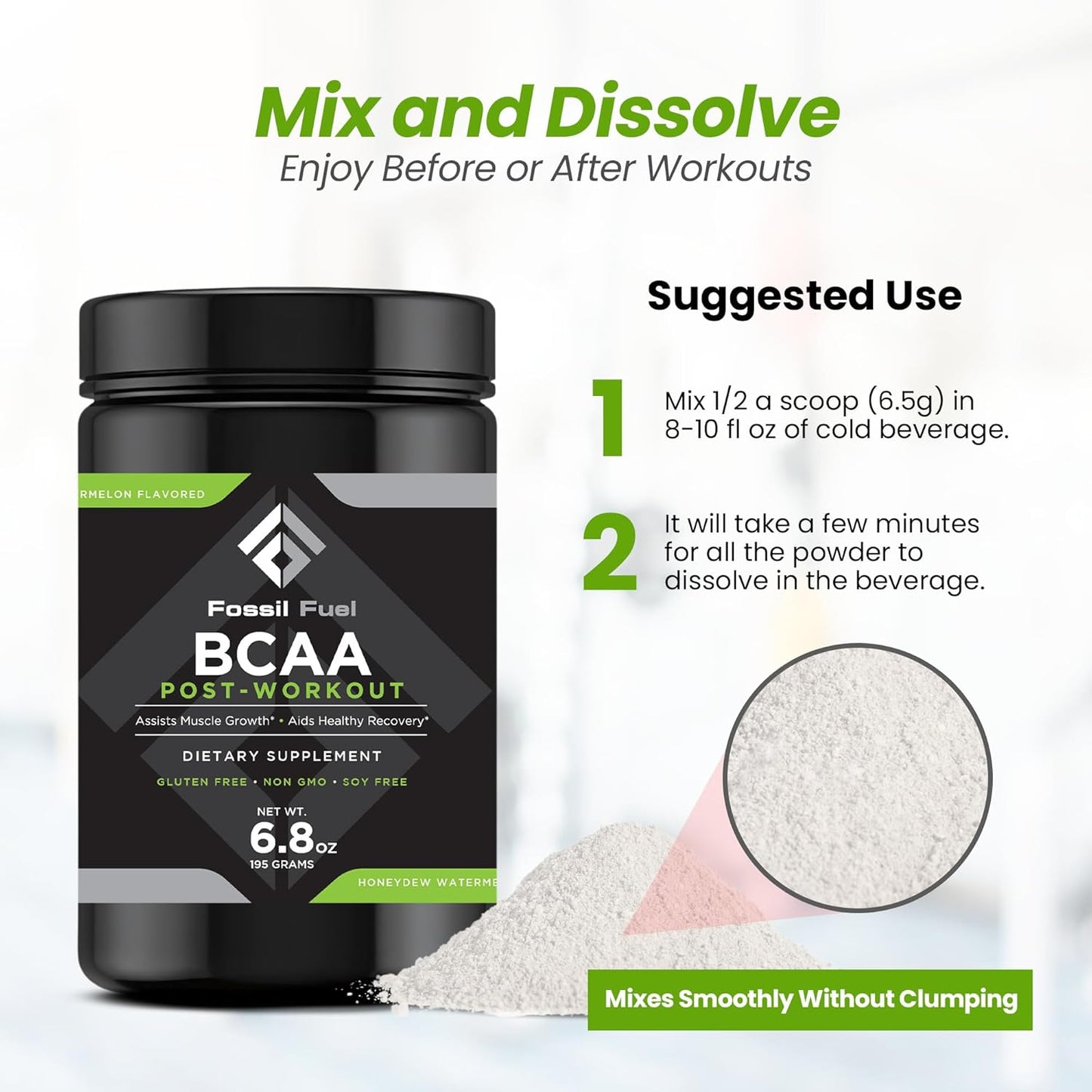 Sugar-Free Fossil Fuel BCAA Post-Workout Powder - Muscle Recovery & Hydration - Honeydew Watermelon Flavor (45 Servings)