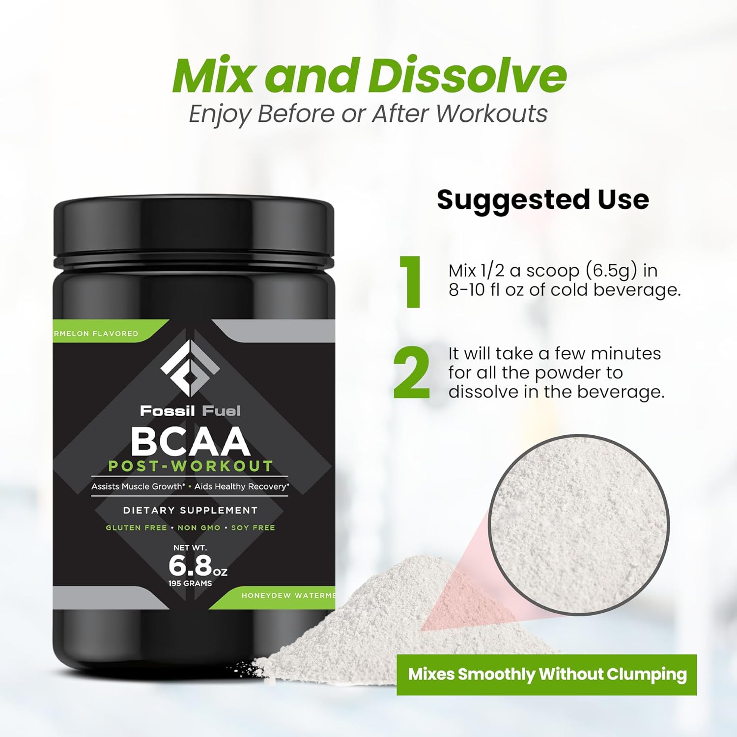 Sugar-Free Fossil Fuel BCAA Post-Workout Powder - Muscle Recovery & Hydration - Honeydew Watermelon Flavor (45 Servings)