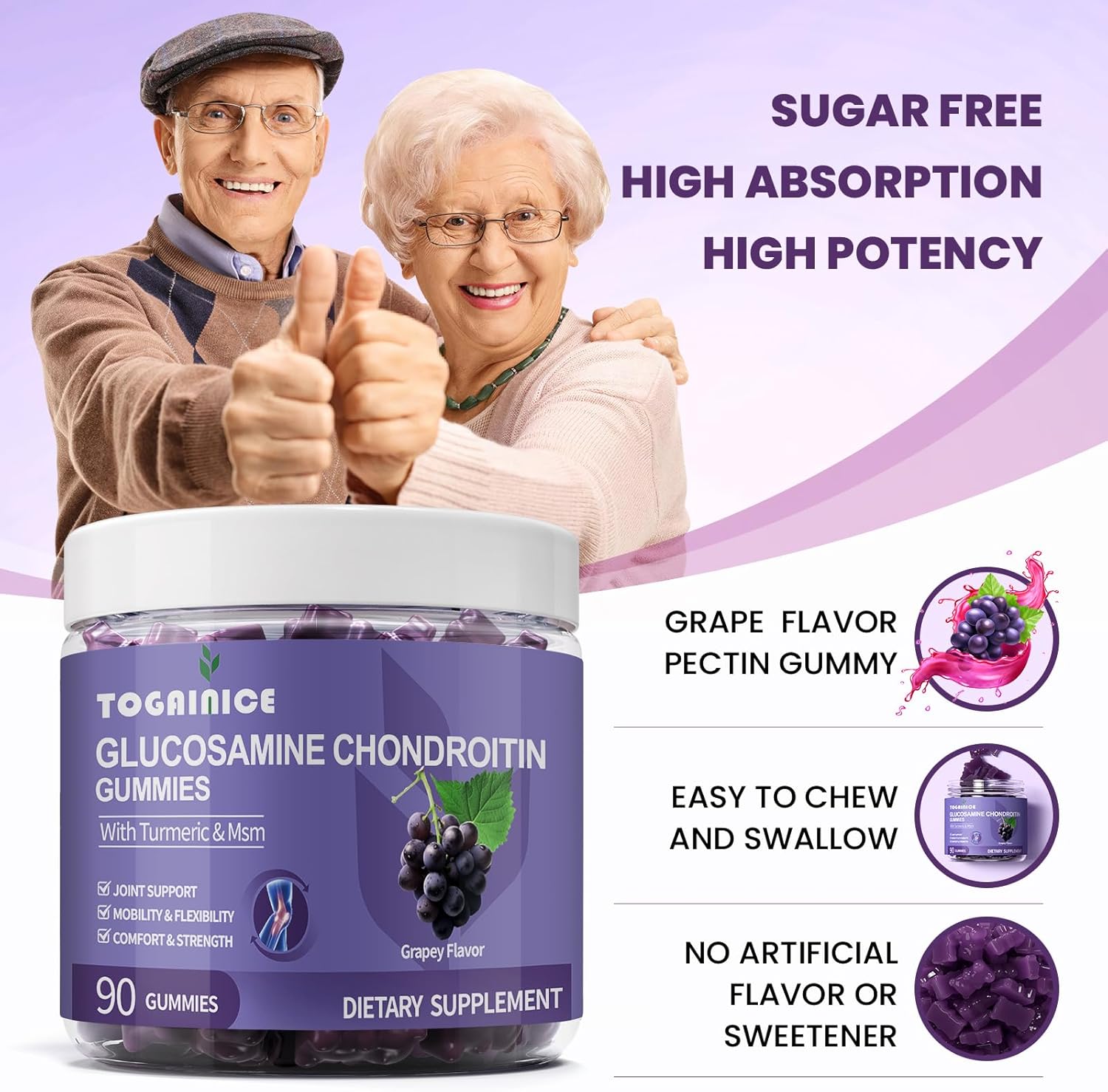 Sugar-Free Glucosamine Chondroitin Gummies - 1500mg Extra Strength with MSM, Turmeric - Joint Support for Men & Women - 90 Count